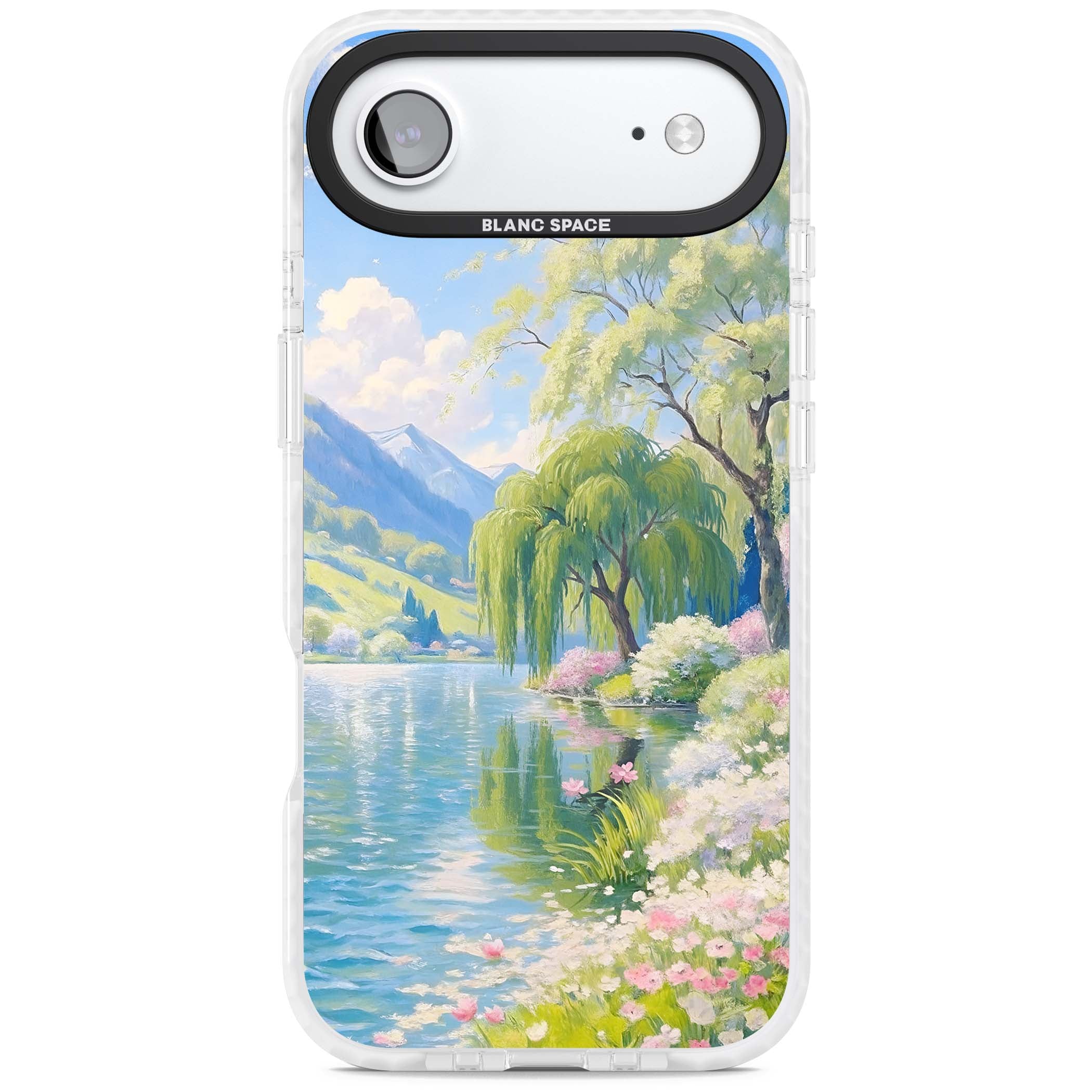 Willow Lake cottagecore iPhone case featuring a painted lakeside with weeping willow, blossoms and distant mountains | Impact Magsafe case for iPhone Air