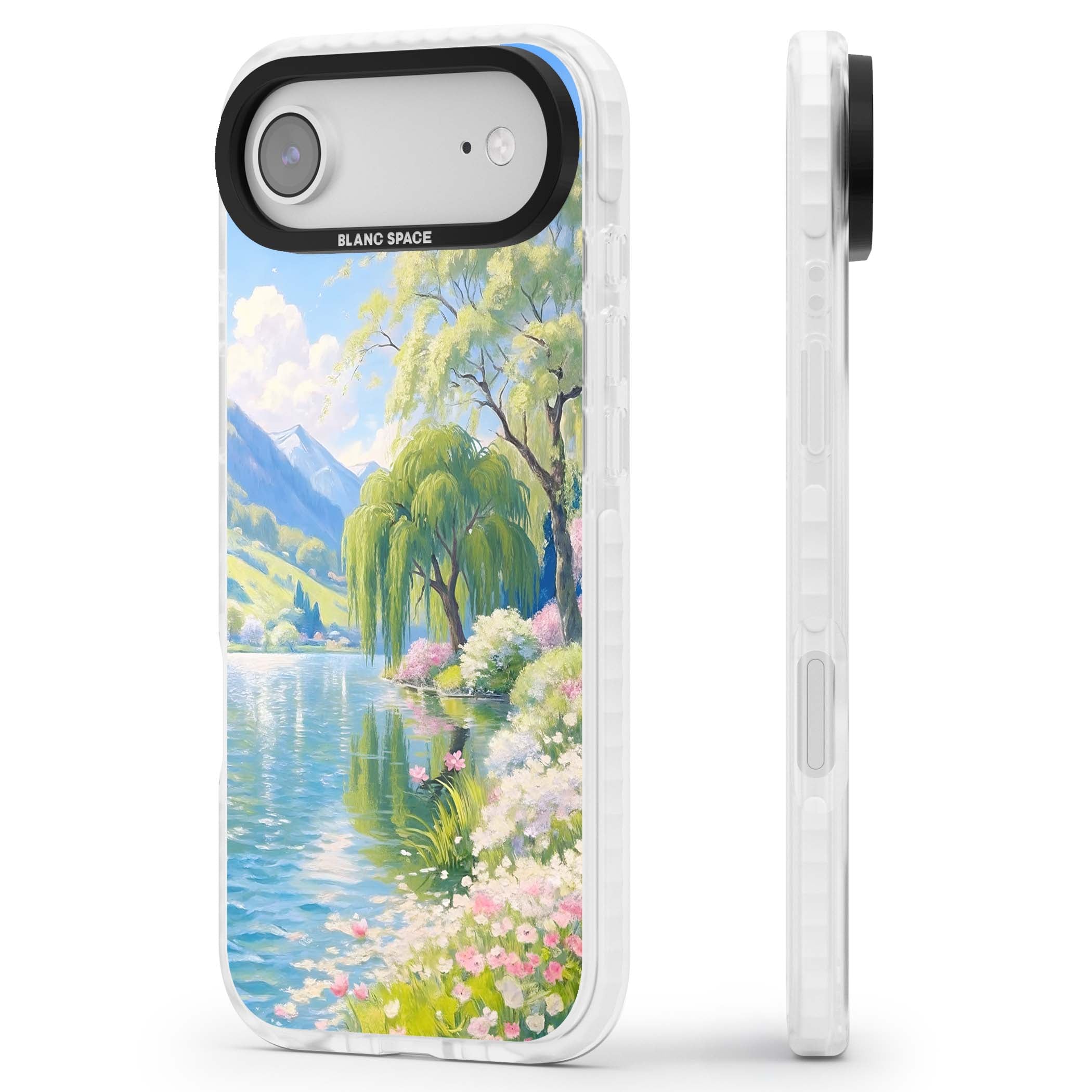 Willow Lake cottagecore iPhone case featuring a painted lakeside with weeping willow, blossoms and distant mountains | Impact Magsafe case for iPhone Air