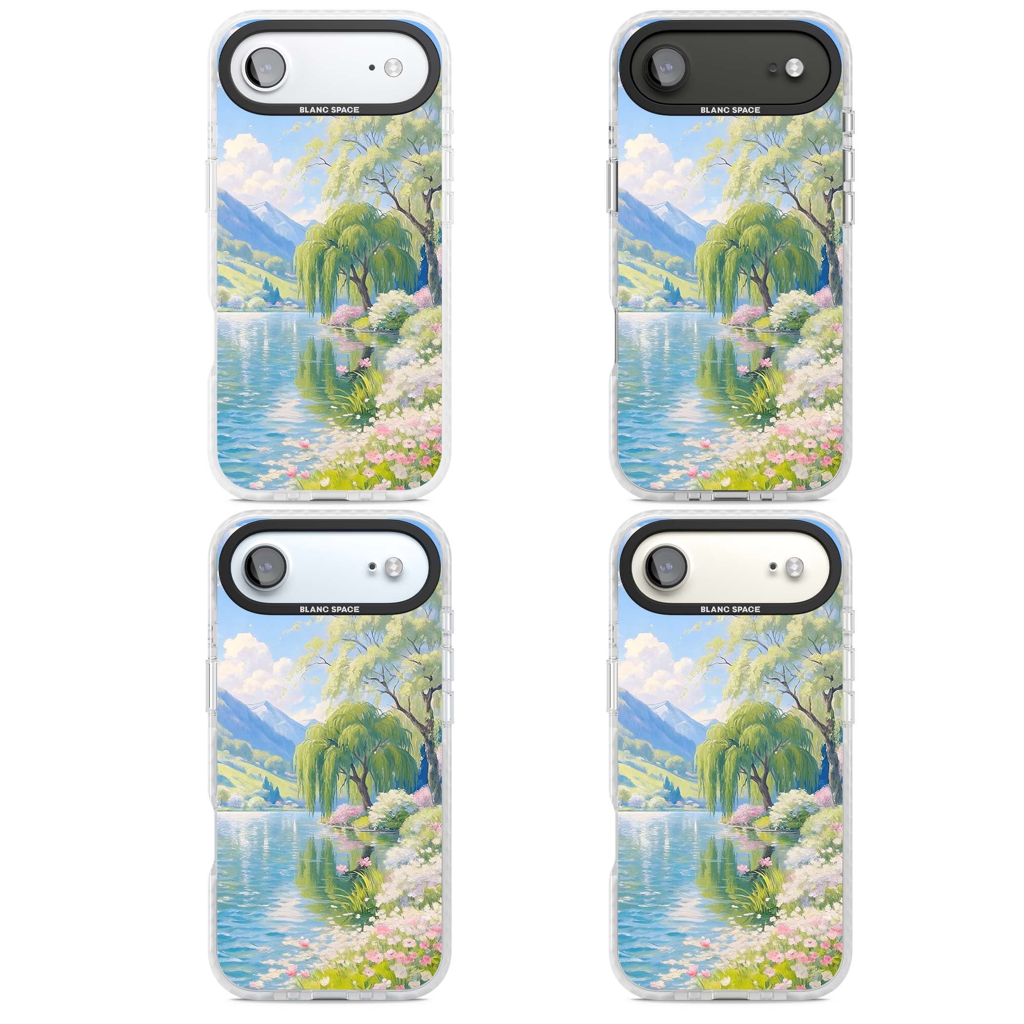 Willow Lake cottagecore iPhone case featuring a painted lakeside with weeping willow, blossoms and distant mountains | Impact Magsafe case for iPhone Air