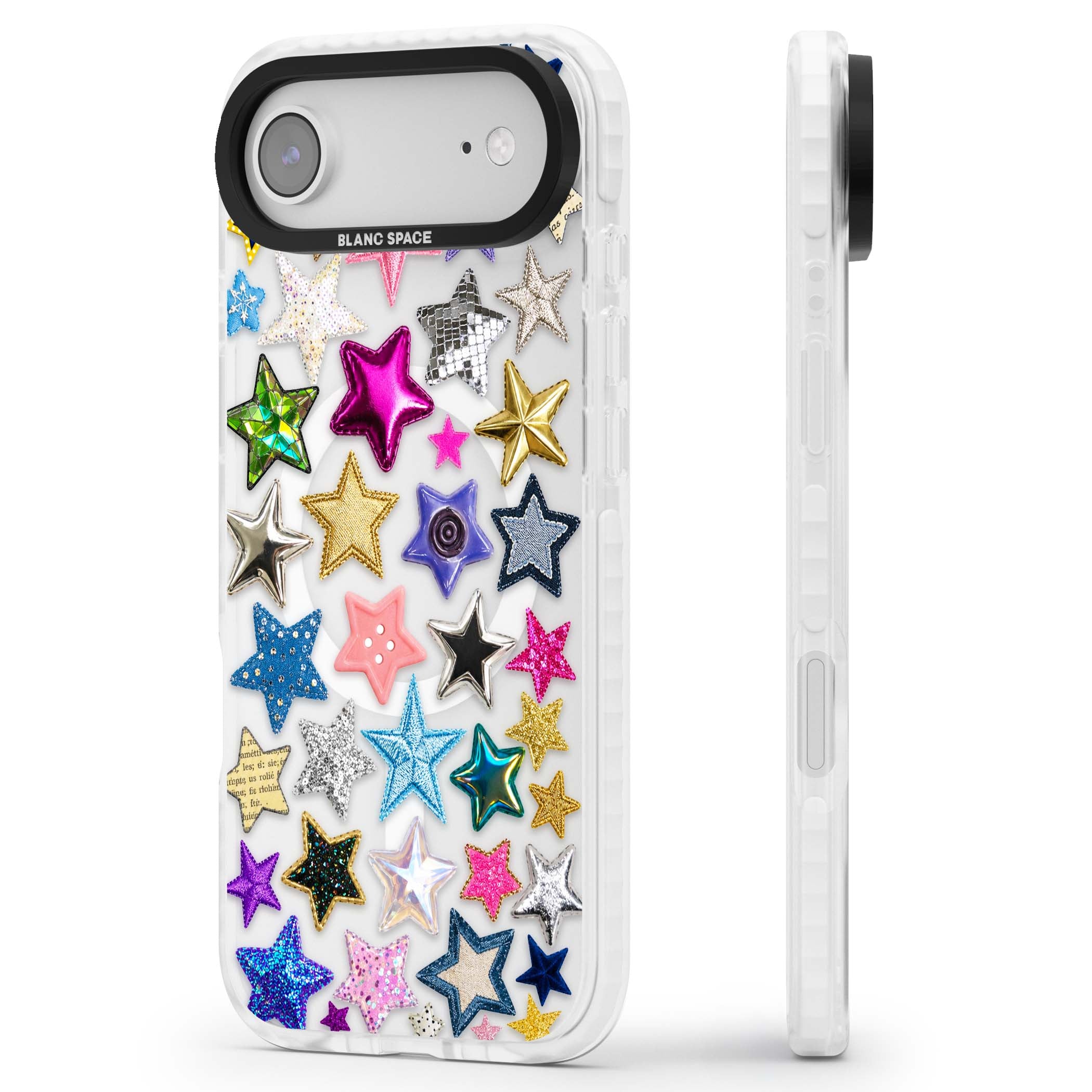 Crafty Star Mix Y2K iPhone case featuring embroidered, sequinned and glitter star patches in rainbow colours | Impact Magsafe case for iPhone Air