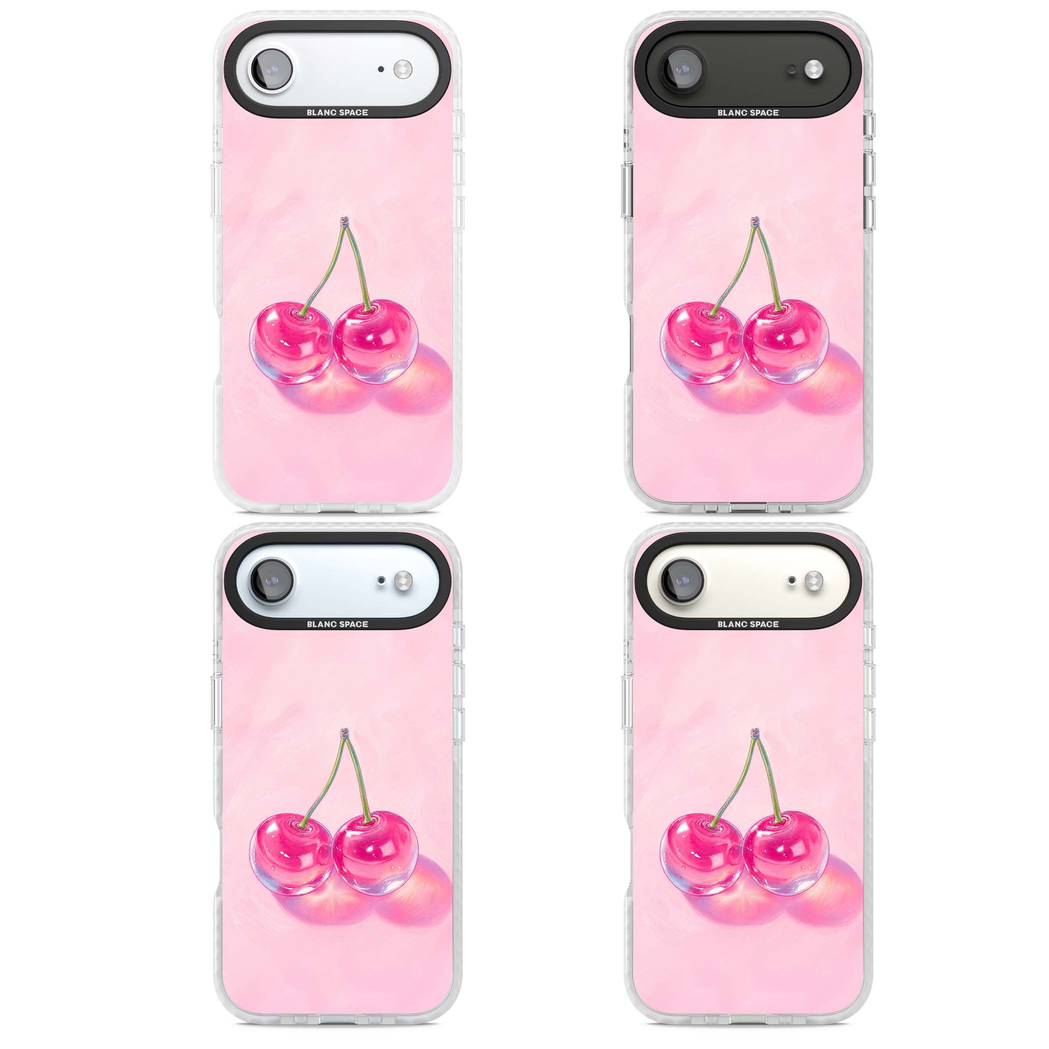 Pink Glass Cherry coquette iPhone case featuring two glossy painted cherries on a soft pink background | Impact Magsafe case for iPhone Air