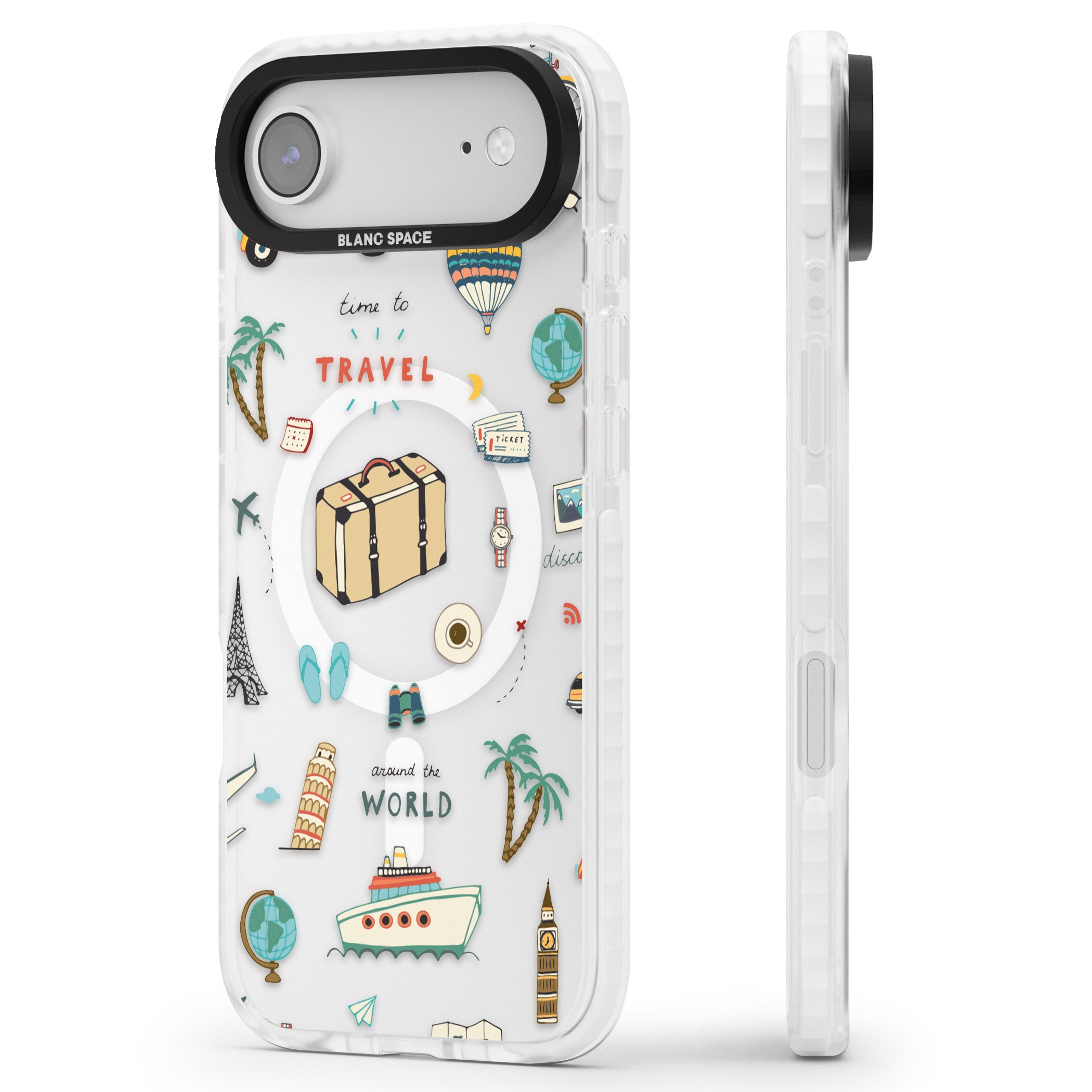 Cute Travel Pattern Transparent iPhone 17 Air Impact Pro Clear Phone Case Side Profile