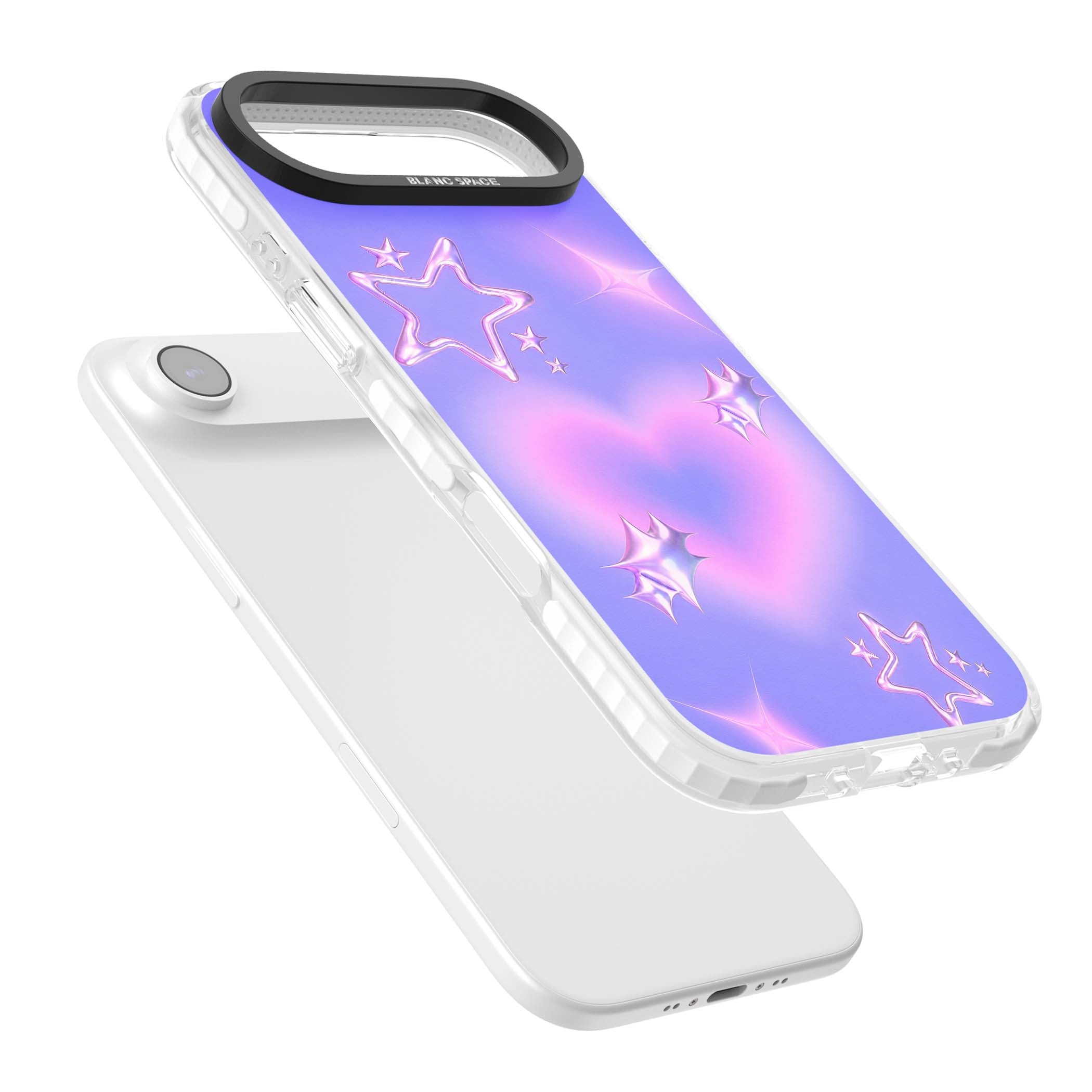 Soft Sugar Y2K iPhone case featuring iridescent chrome hearts, metallic pink stars and a lavender gradient sky | Impact Magsafe case for iPhone Air