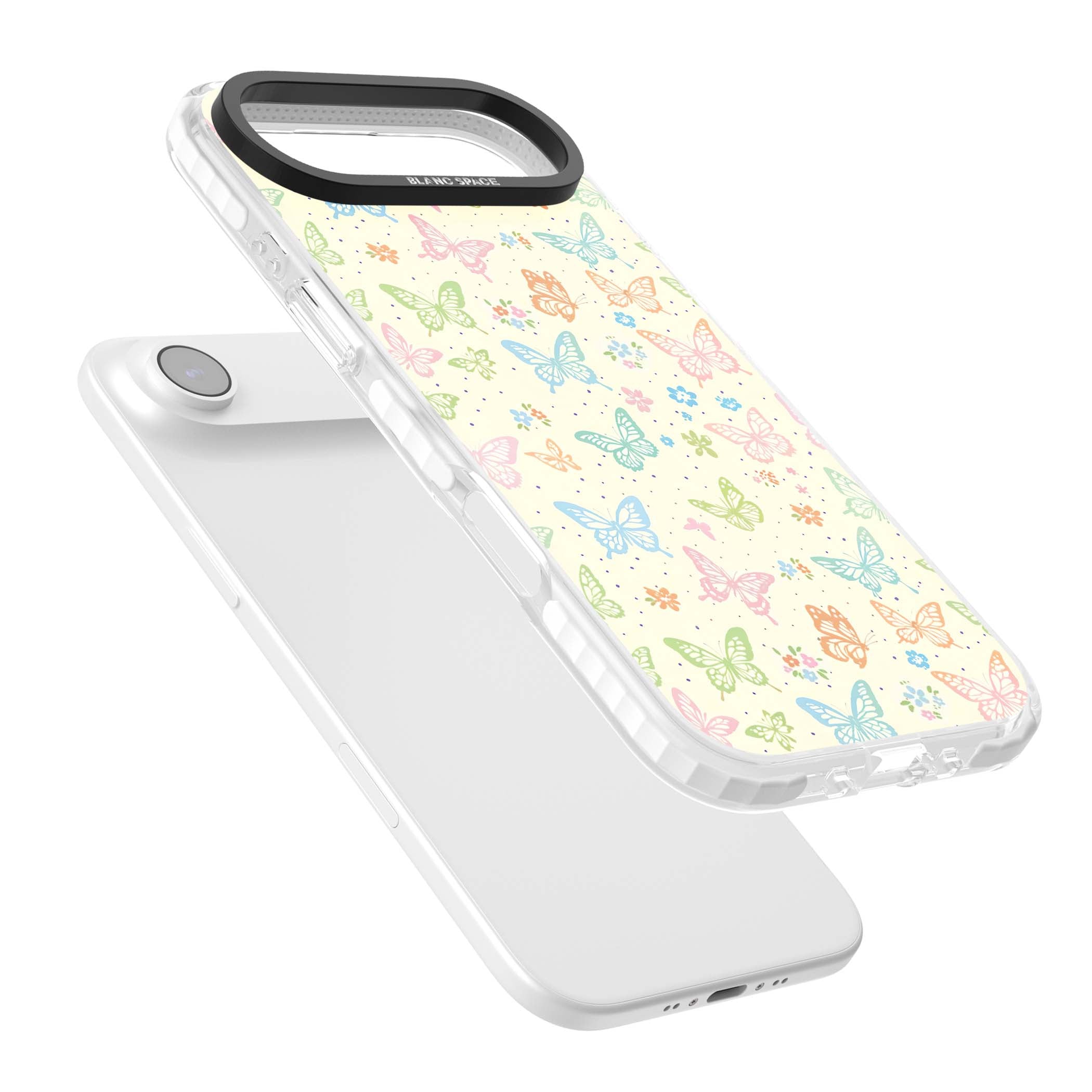 Sugar Wings cottagecore iPhone case featuring rainbow pastel butterflies, tiny wildflowers, and a cream background | Black Impact case for iPhone Air
