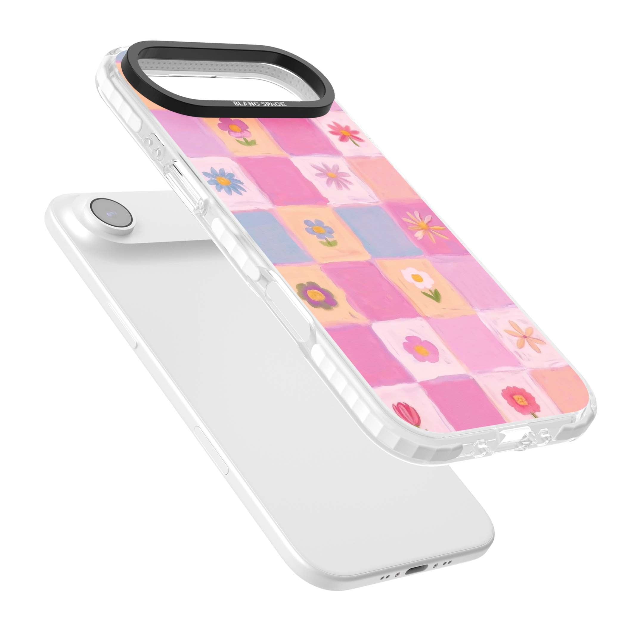 Pastel Flower Patchwork cottagecore iPhone case featuring painted pink and lilac squares with daisies and wildflowers | Black Impact case for iPhone Air