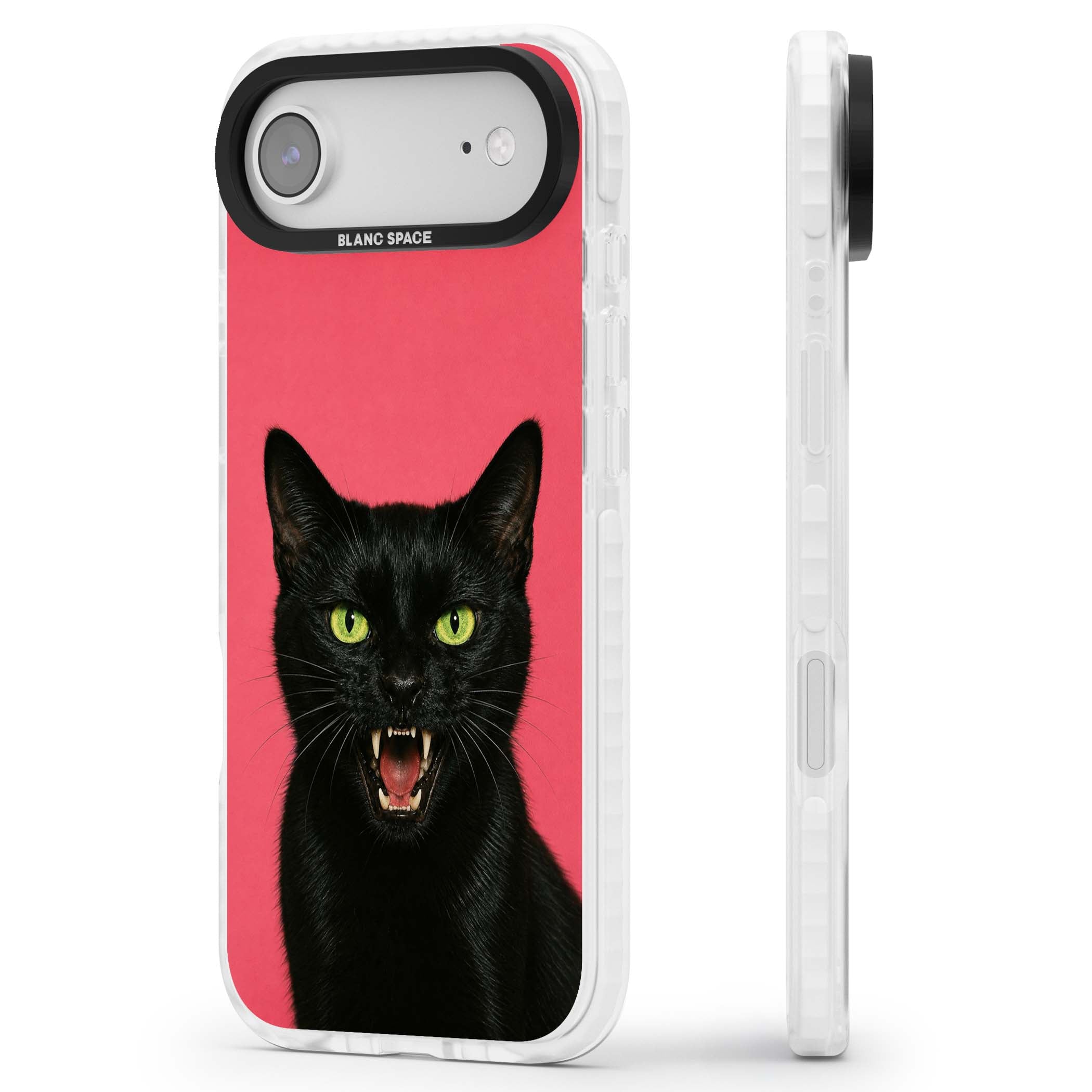 Hissin' Baddie black cat iPhone case featuring a hissing feline with green eyes on a hot pink background | Black Impact case for iPhone Air