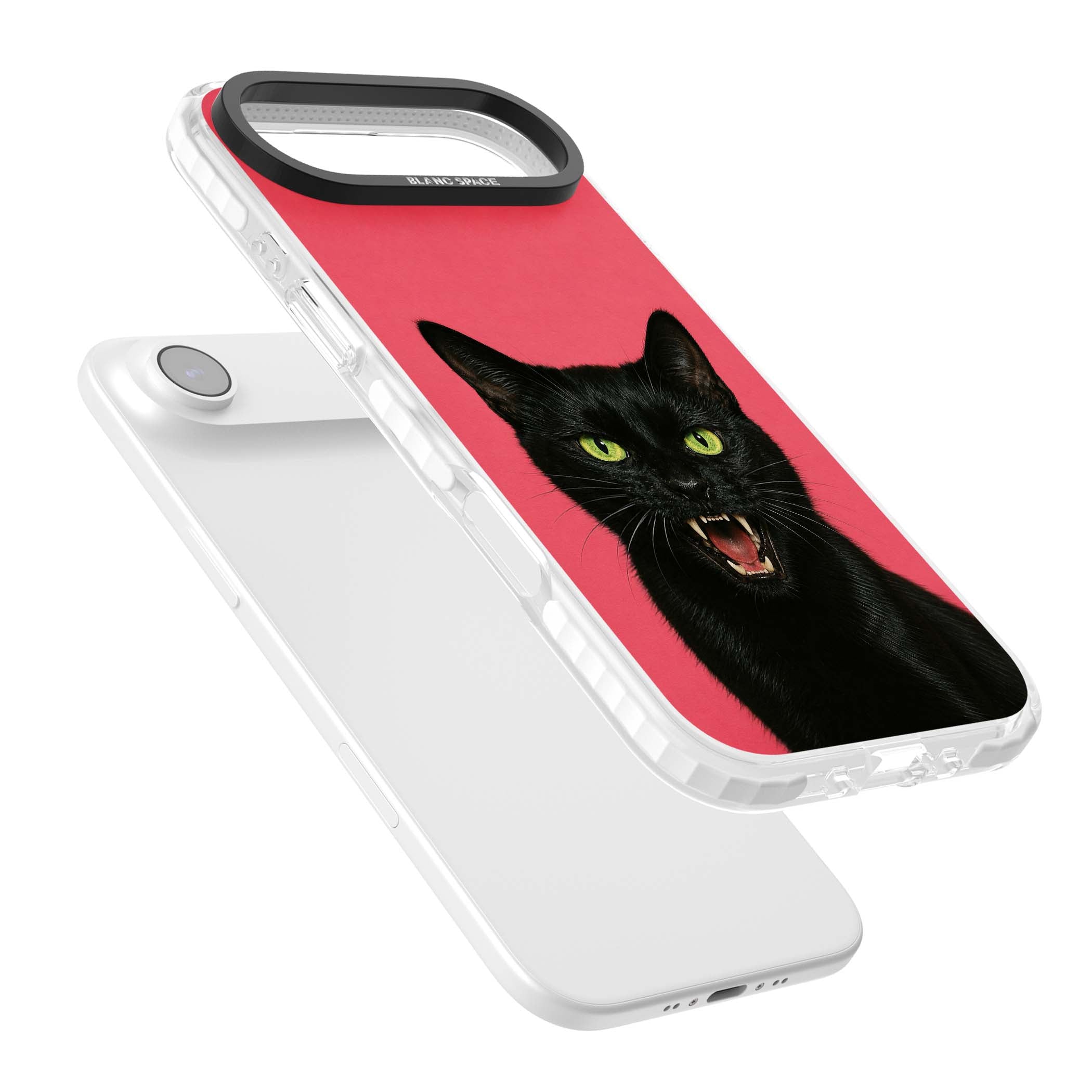 Hissin' Baddie black cat iPhone case featuring a hissing feline with green eyes on a hot pink background | Black Impact case for iPhone Air