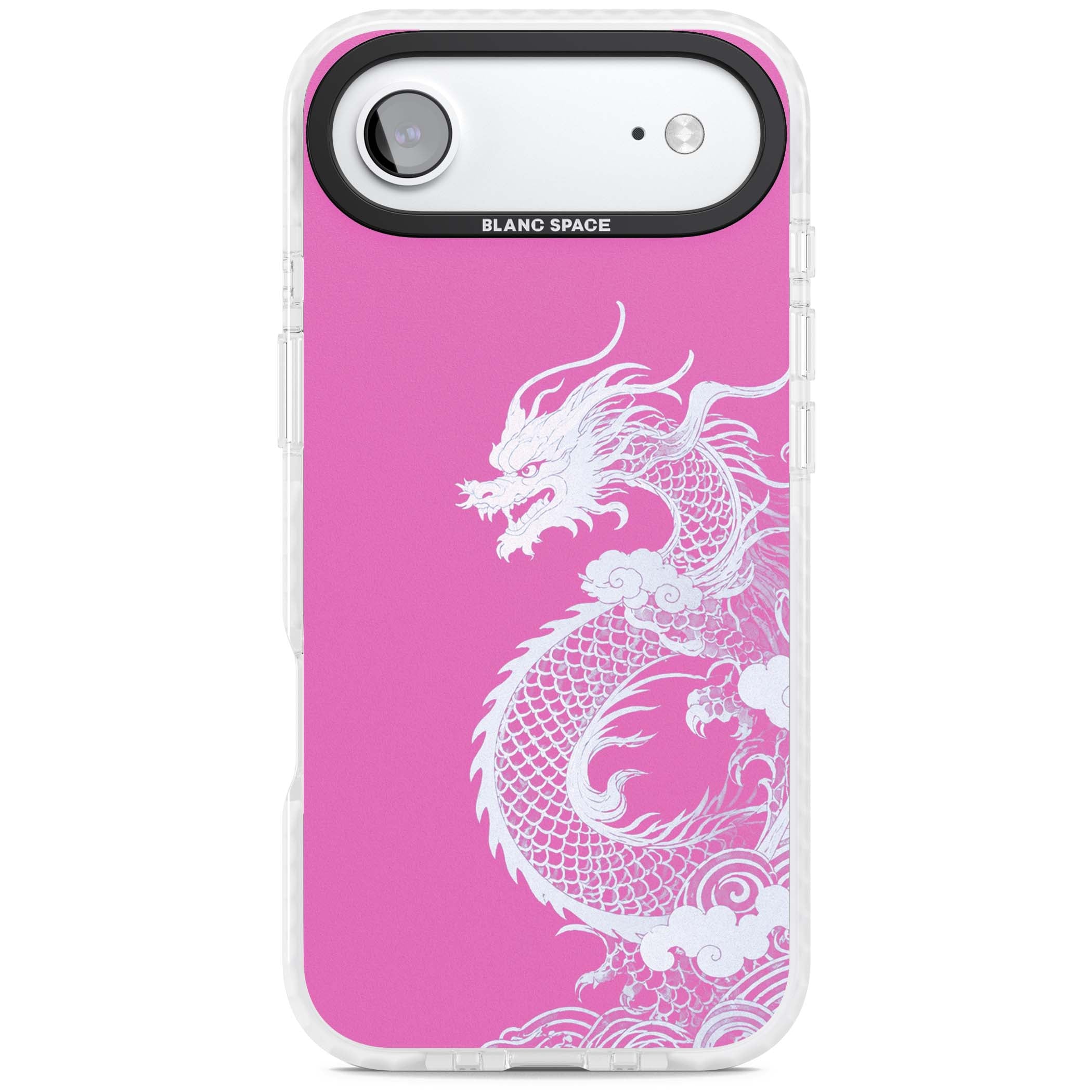 Pink Empress chinese dragon iPhone case featuring a white dragon, swirling clouds and pink dragon wallpaper backdrop | Black Impact case for iPhone Air