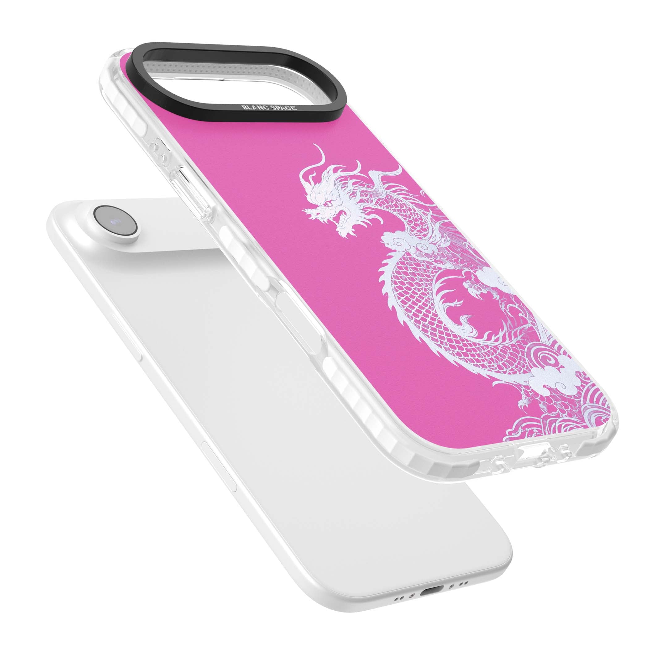 Pink Empress chinese dragon iPhone case featuring a white dragon, swirling clouds and pink dragon wallpaper backdrop | Black Impact case for iPhone Air