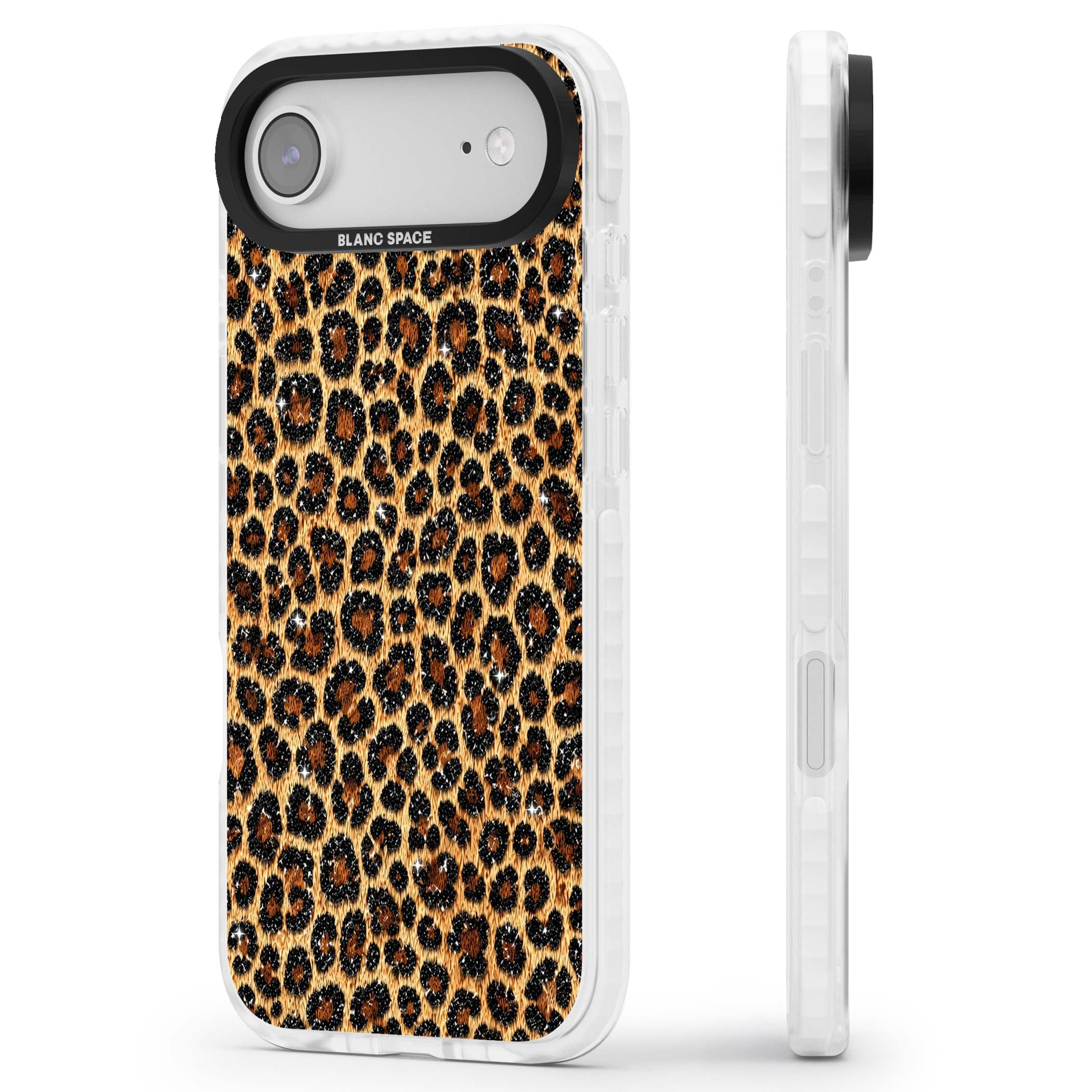 Diamond Leopard leopard print iPhone case featuring golden tan fur, black rosette spots and subtle glitter sparkle | Black Impact case for iPhone Air
