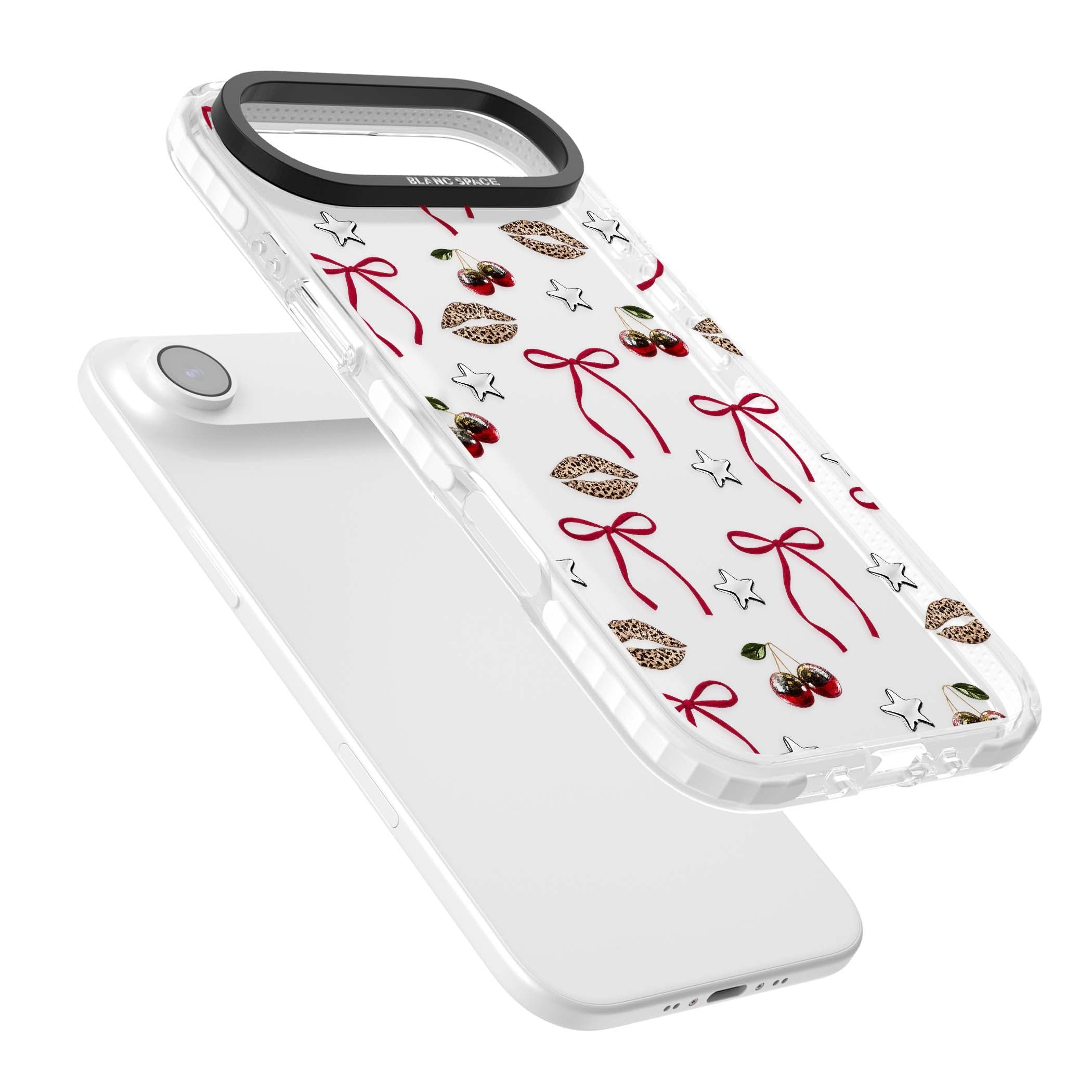 Starlet coquette iPhone case featuring red ribbon bows, disco cherries and leopard-print lips | Black Impact case for iPhone Air