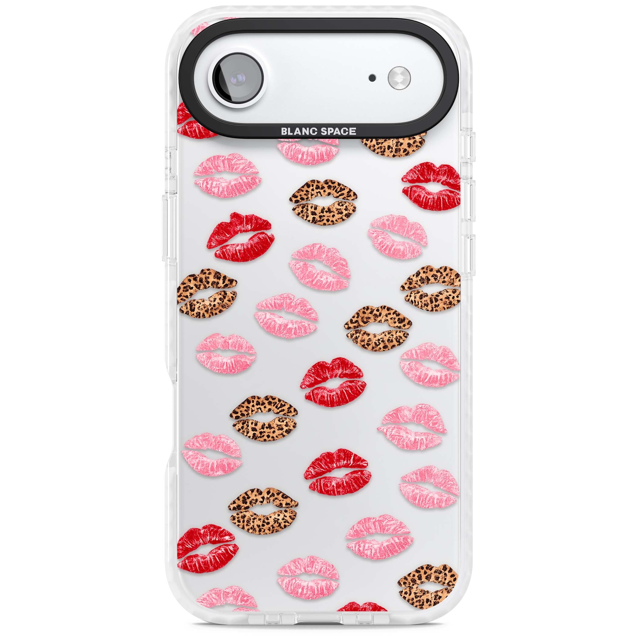 Wild Kisses coquette iPhone case featuring red, pink and leopard print lipstick kiss marks on a clear background | Black Impact case for iPhone Air
