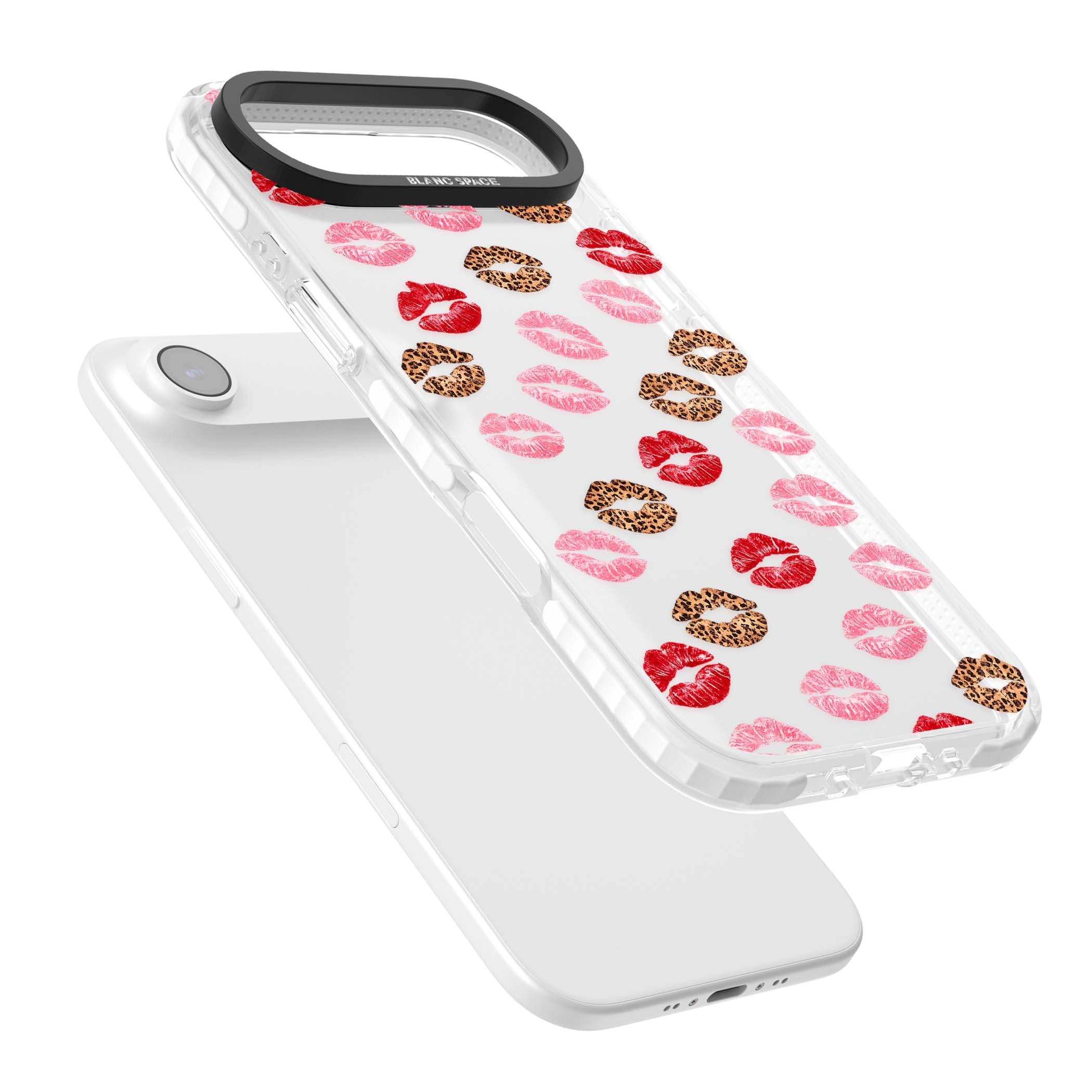 Wild Kisses coquette iPhone case featuring red, pink and leopard print lipstick kiss marks on a clear background | Black Impact case for iPhone Air