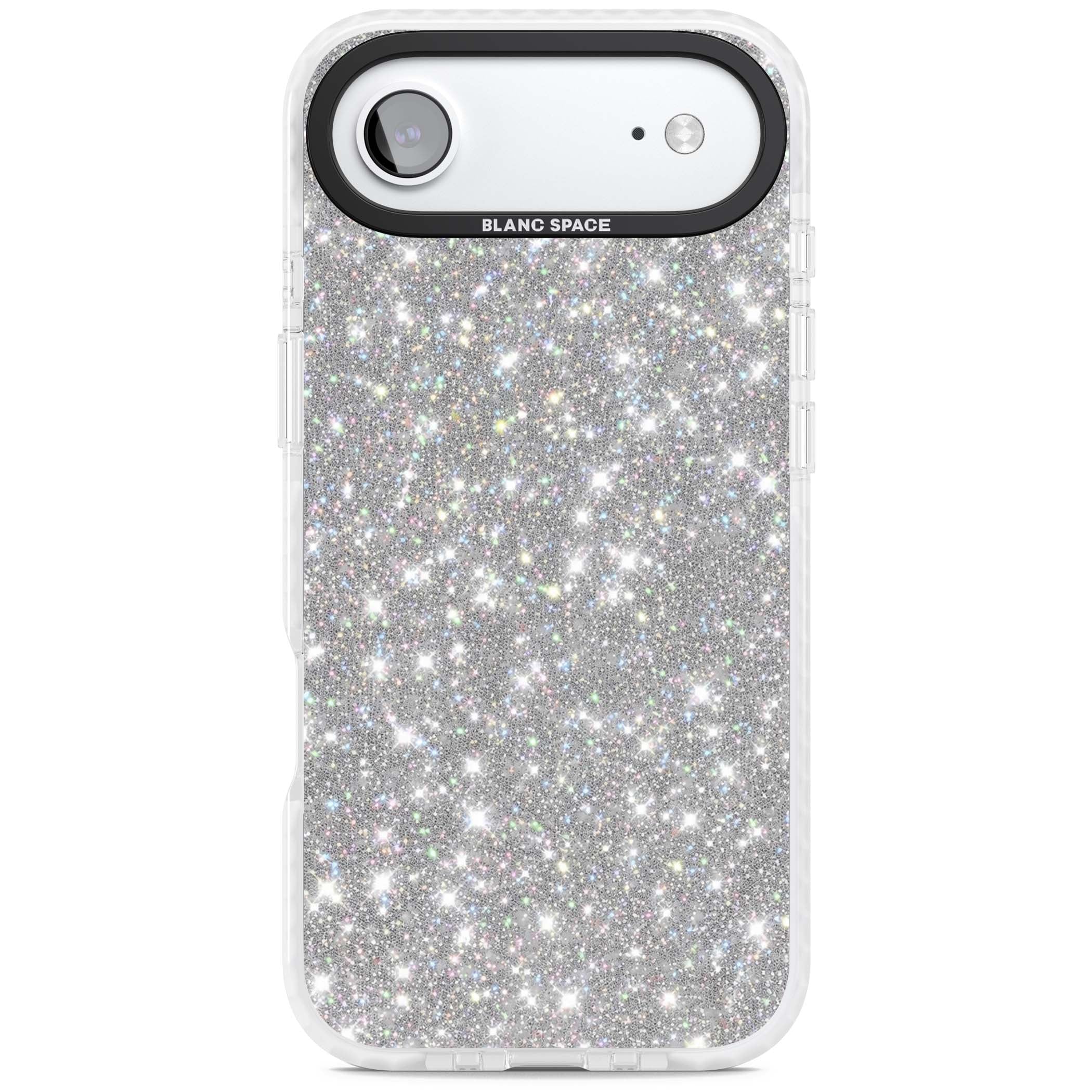 Diamond glam iPhone case featuring silver glitter sparkle and shimmering diamond dust effect | Black Impact case for iPhone Air