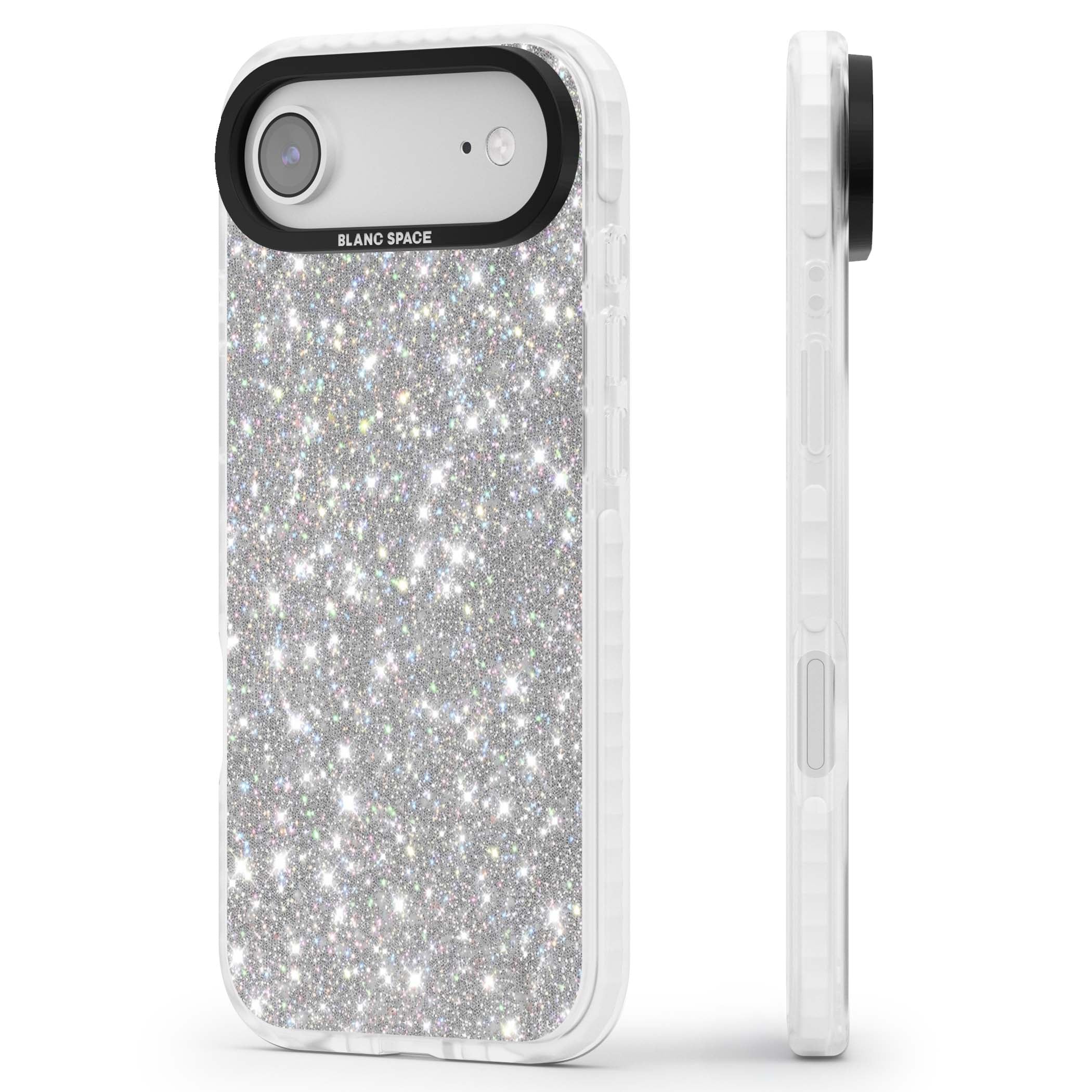 Diamond glam iPhone case featuring silver glitter sparkle and shimmering diamond dust effect | Black Impact case for iPhone Air