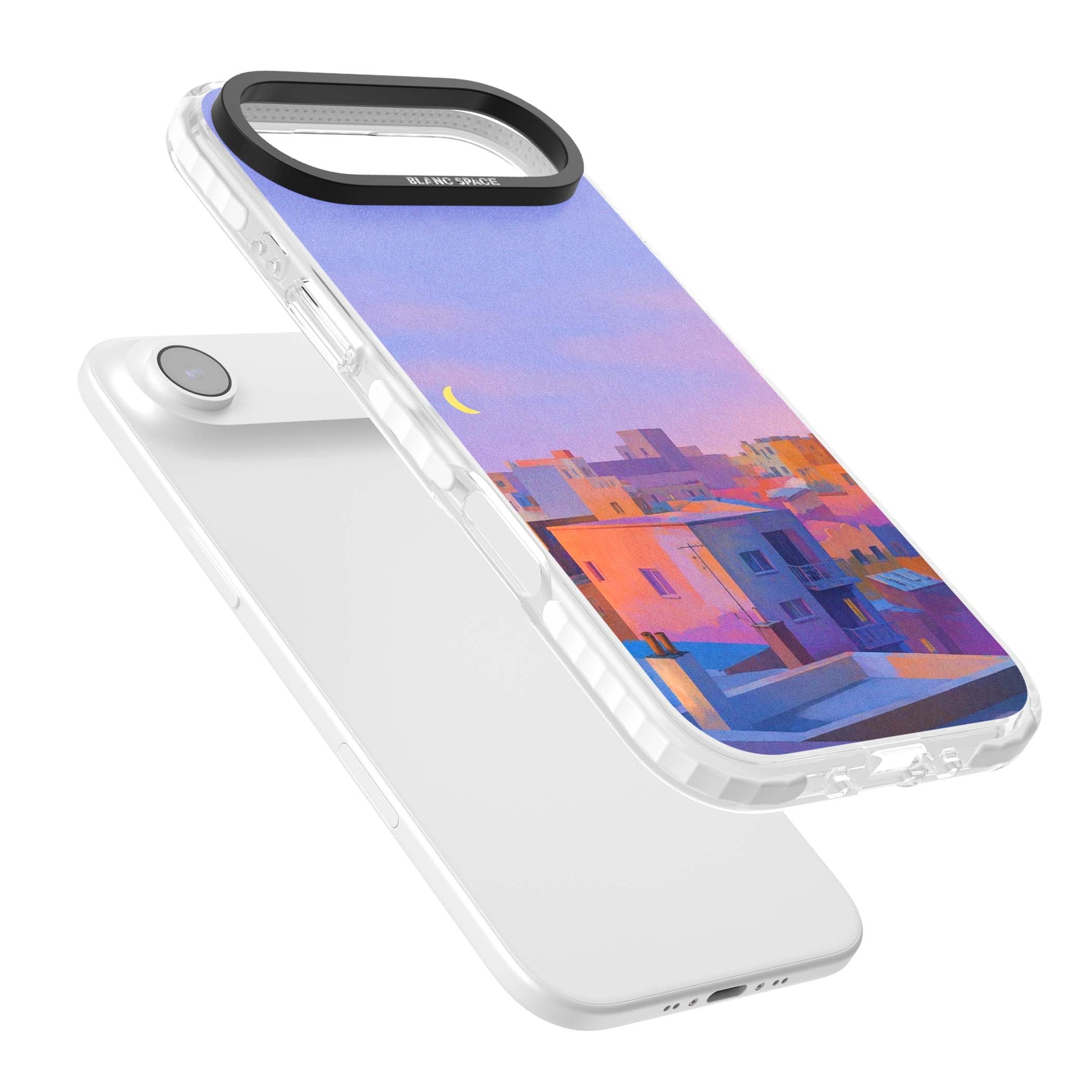 Twilight Rooftops vaporwave iPhone case featuring a pastel sunset cityscape, painted rooftops and a crescent moon. | Black Impact case for iPhone Air