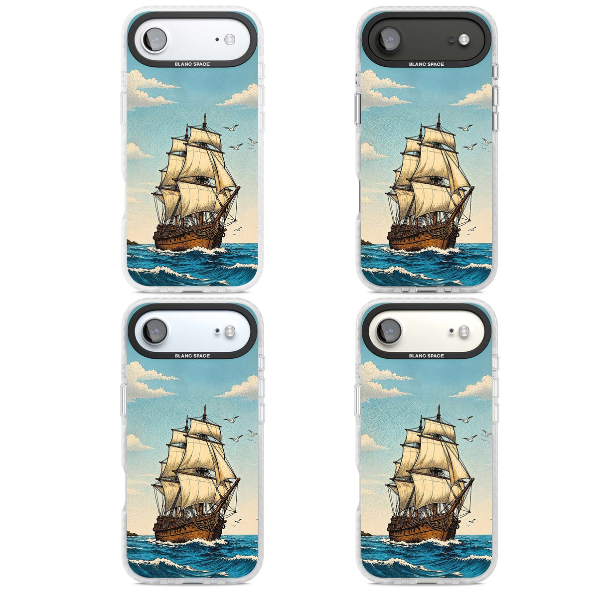 Ship at Sea nautical iPhone case featuring a vintage tall ship, ocean waves and seagulls | Black Impact case for iPhone Air