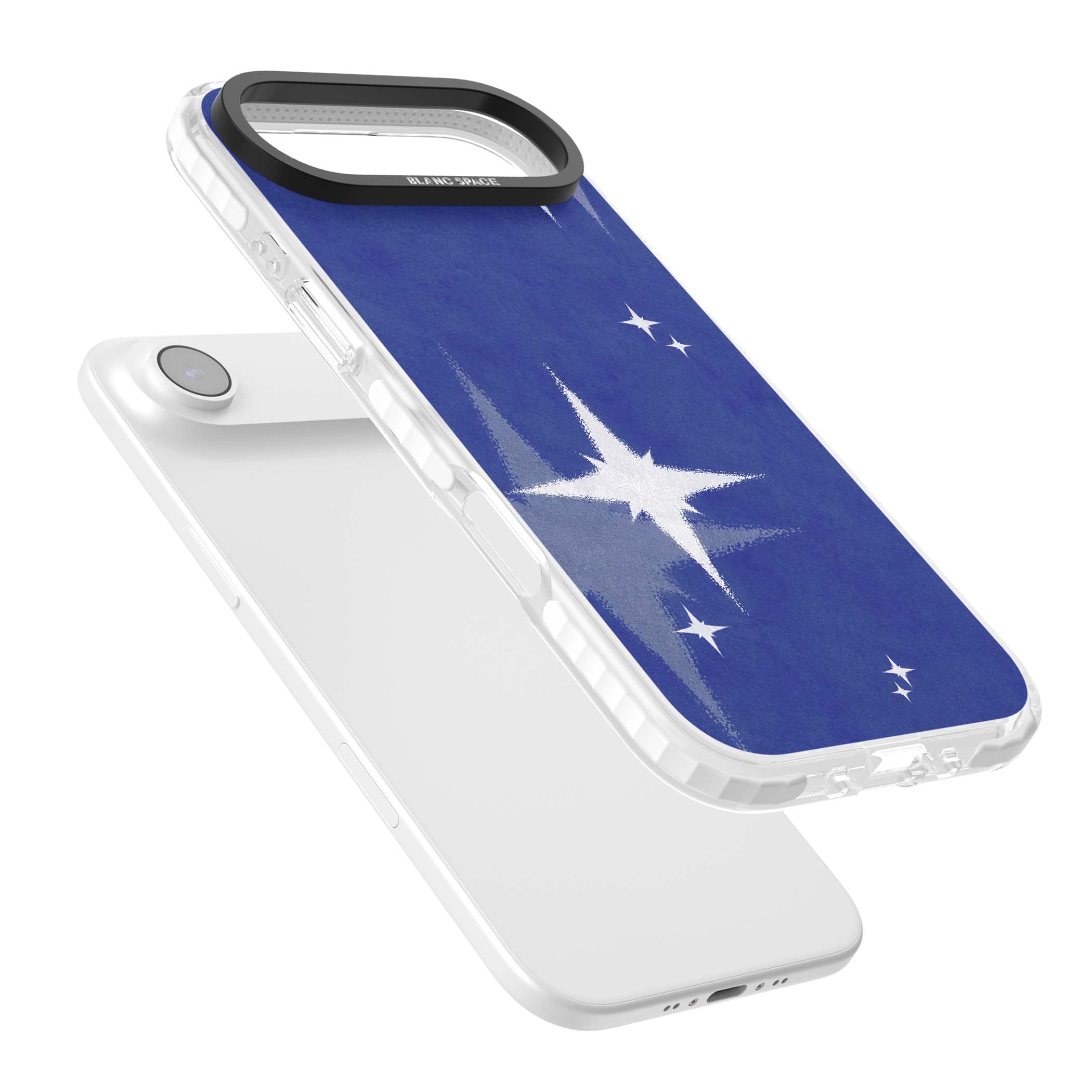 Blue Sparkle celestial iPhone case featuring sparkling silver stars on a deep blue painterly night sky | Black Impact case for iPhone Air