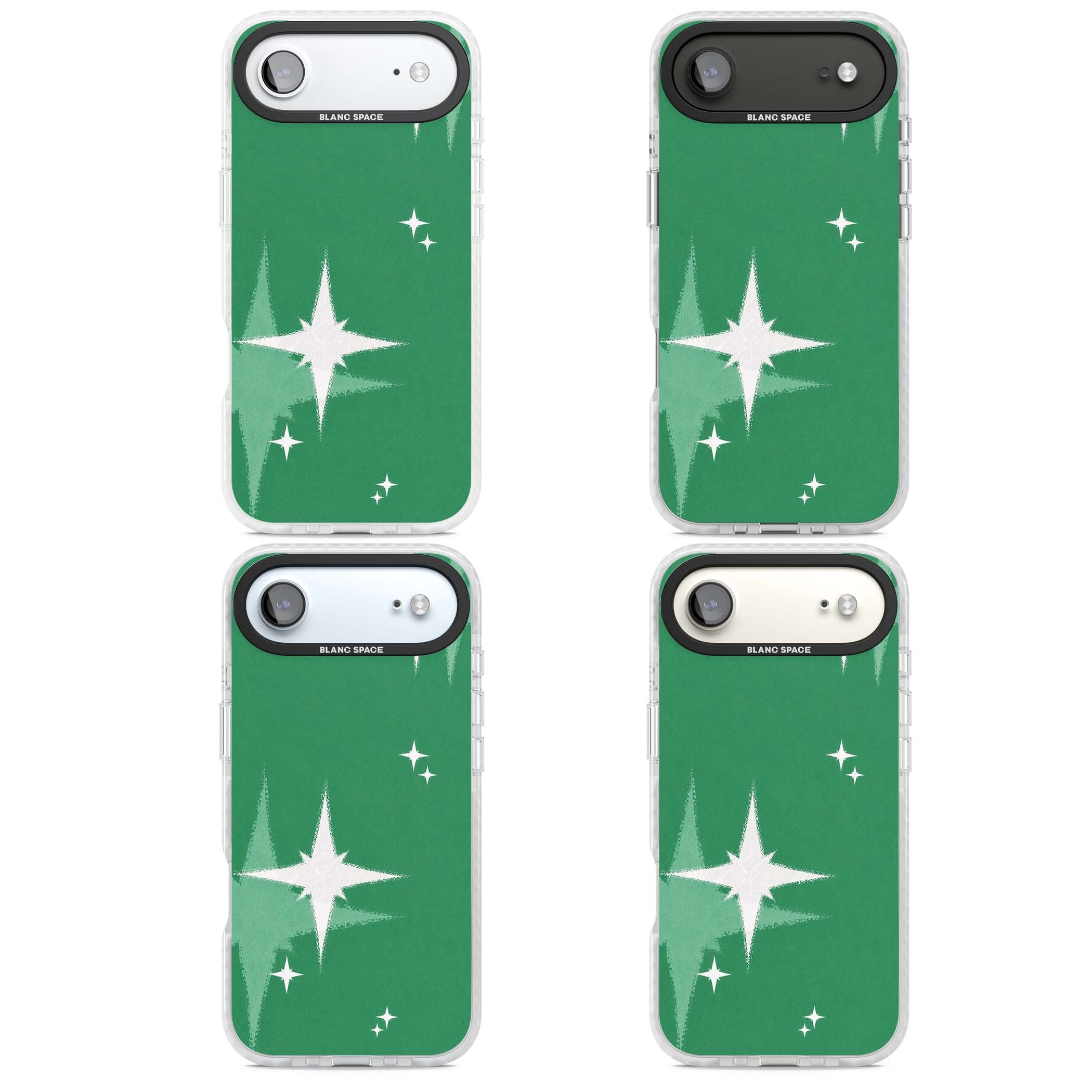 Green Sparkle celestial iPhone case featuring sparkling white four-point stars on a deep green background | Black Impact case for iPhone Air