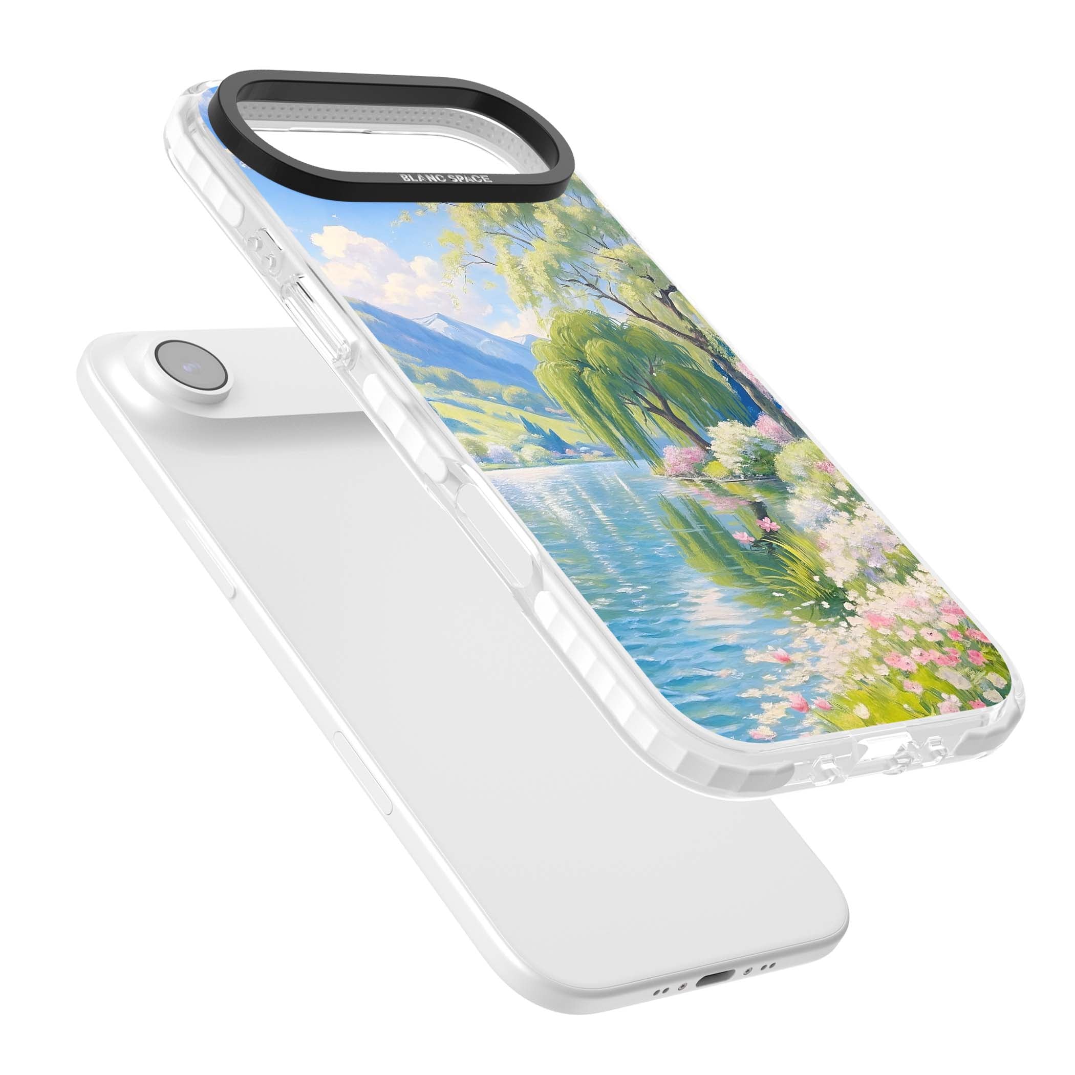 Willow Lake cottagecore iPhone case featuring a painted lakeside with weeping willow, blossoms and distant mountains | Black Impact case for iPhone Air