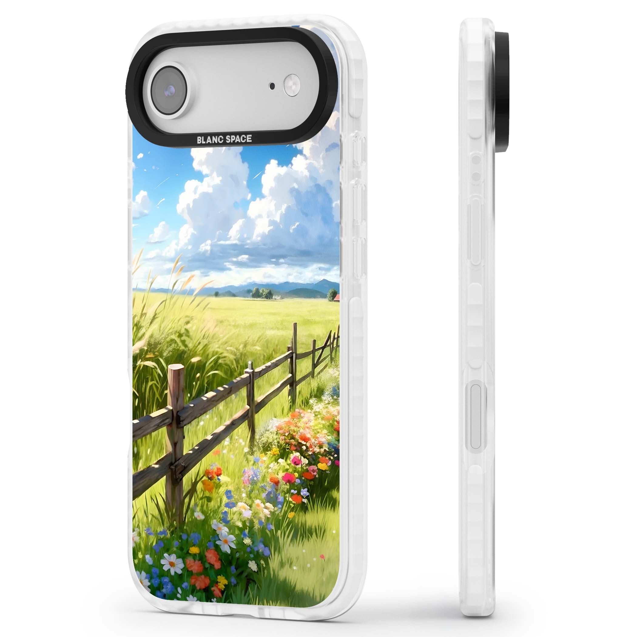 A Countryside Afternoon cottagecore iPhone case featuring a painted countryside meadow, wooden fence, and wildflowers beneath | Black Impact case for iPhone Air