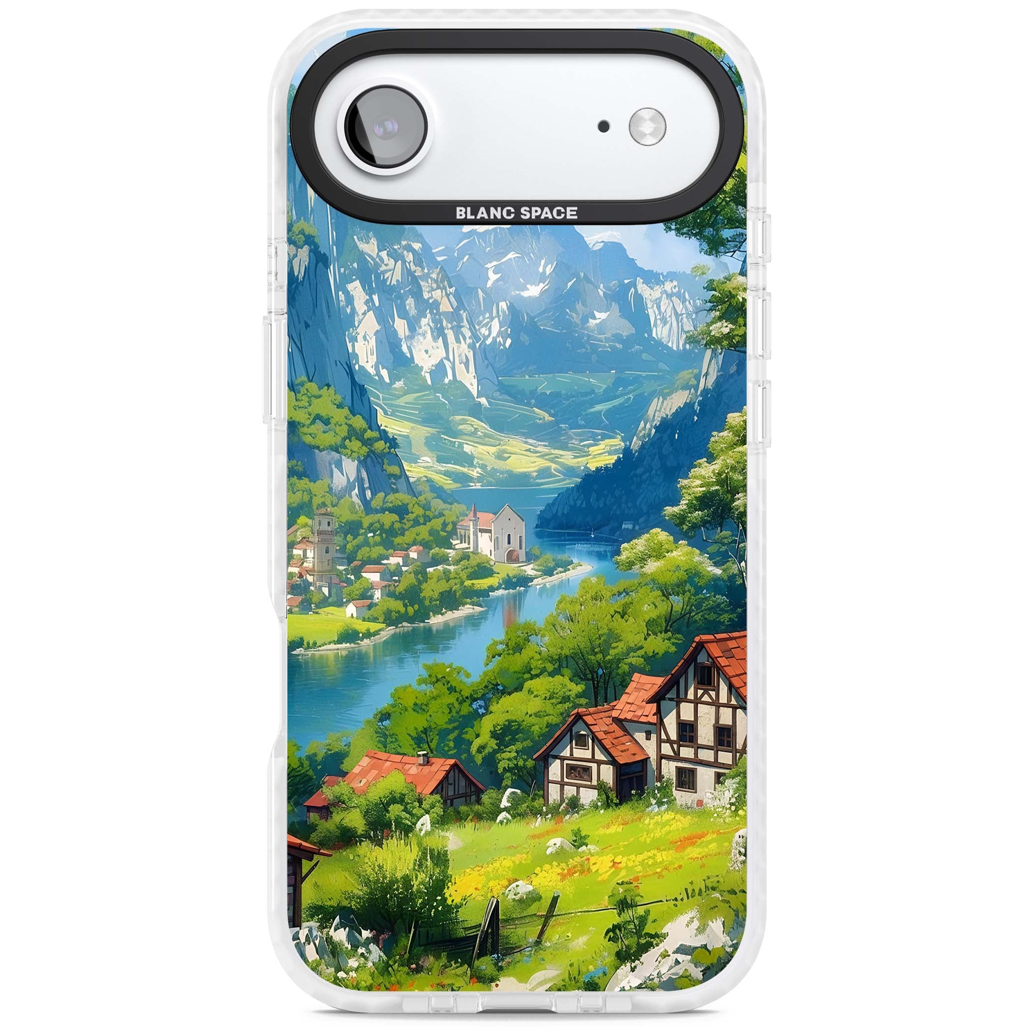 Village In The Valley anime iPhone case featuring a painted mountain village, river valley and half-timbered cottages. | Black Impact case for iPhone Air