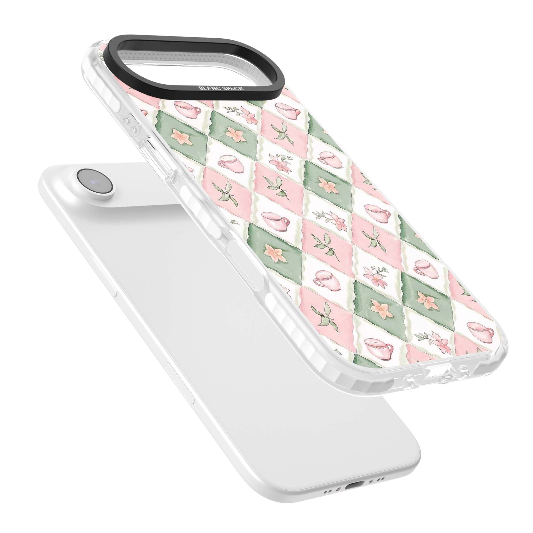 Garden Tea Party coquette iPhone case with pink and green checkered pattern, watercolour teacups and wildflowers | Black Impact case for iPhone Air