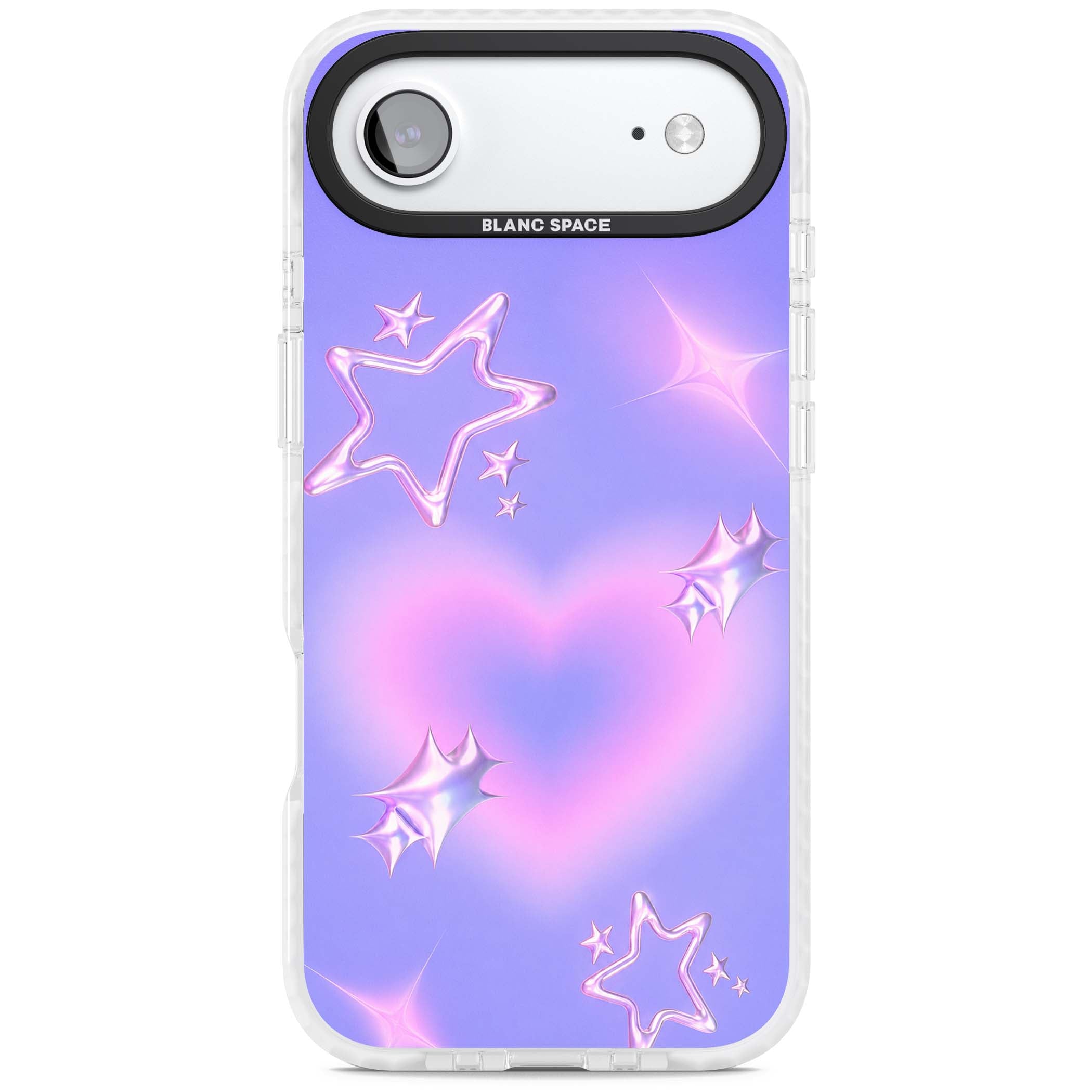 Soft Sugar Y2K iPhone case featuring iridescent chrome hearts, metallic pink stars and a lavender gradient sky | Black Impact case for iPhone Air