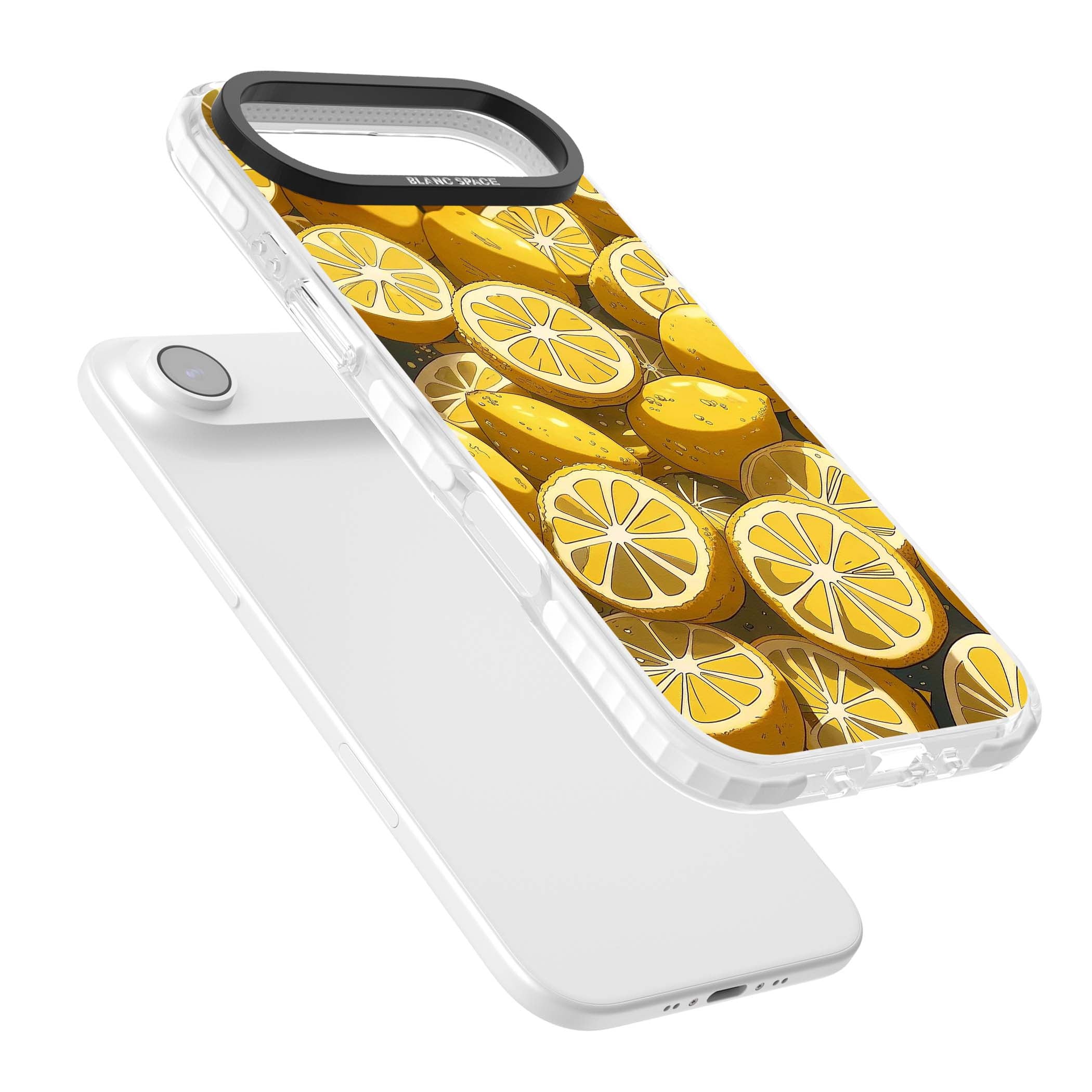 Zesty coastal iPhone case featuring illustrated Mediterranean lemons and citrus slices in golden yellow | Black Impact case for iPhone Air
