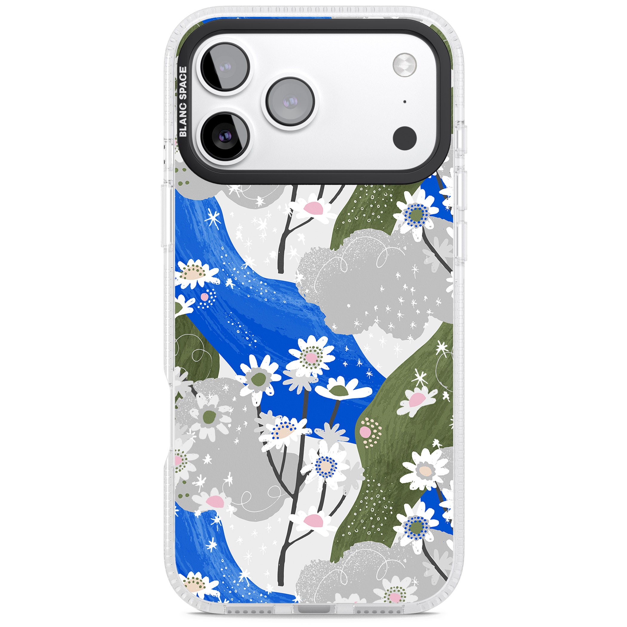 Blue & Grey Daisies Pattern iPhone 17 Pro Impact Air Clear Phone Case