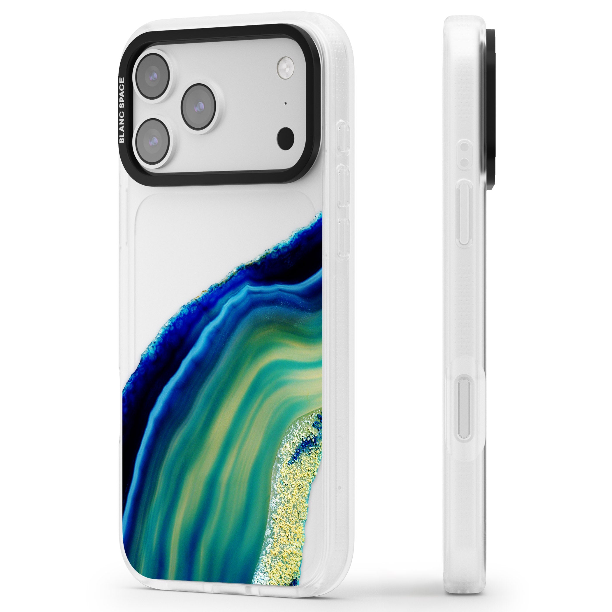 Green & Blue Emerald Geode iPhone 17 Pro Max Impact Air Clear Phone Case Side Profile