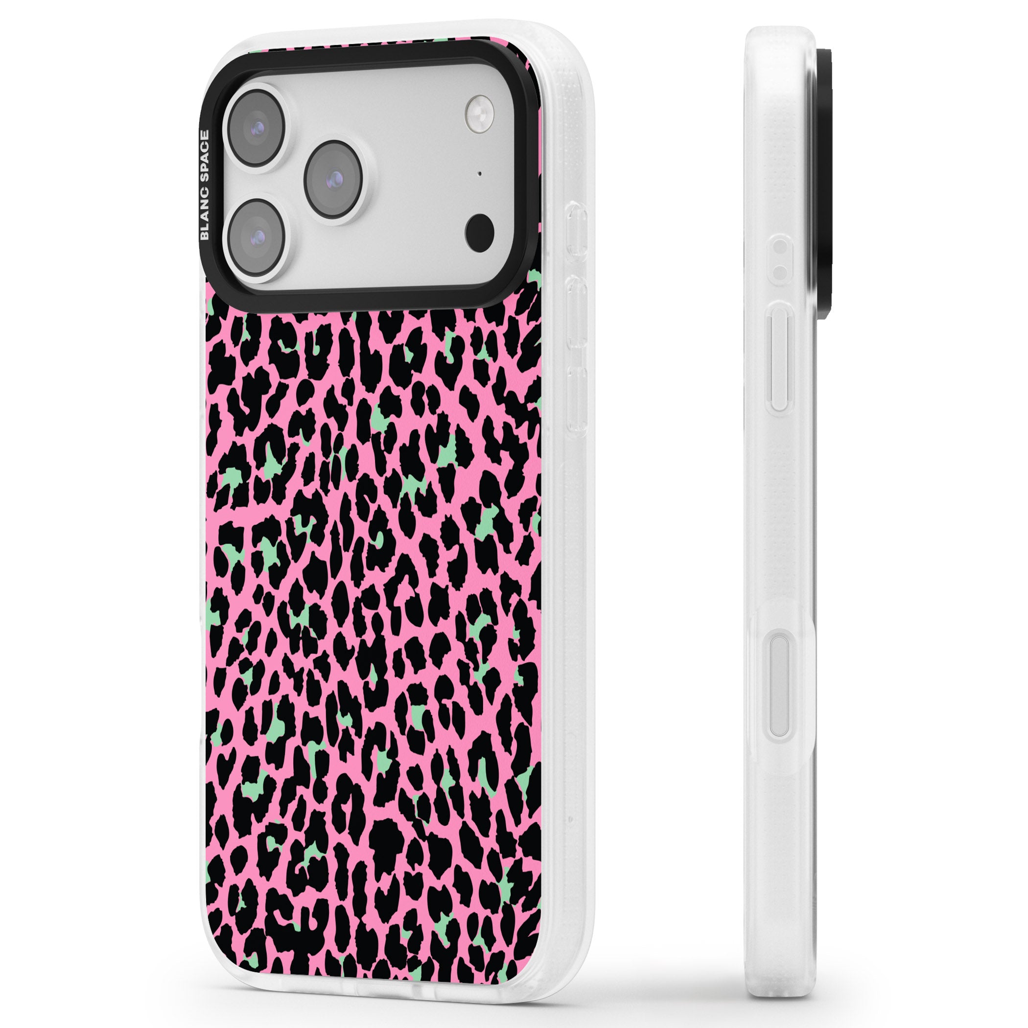 Pink & Green Leopard iPhone 17 Pro Max Impact Air Clear Phone Case Side Profile