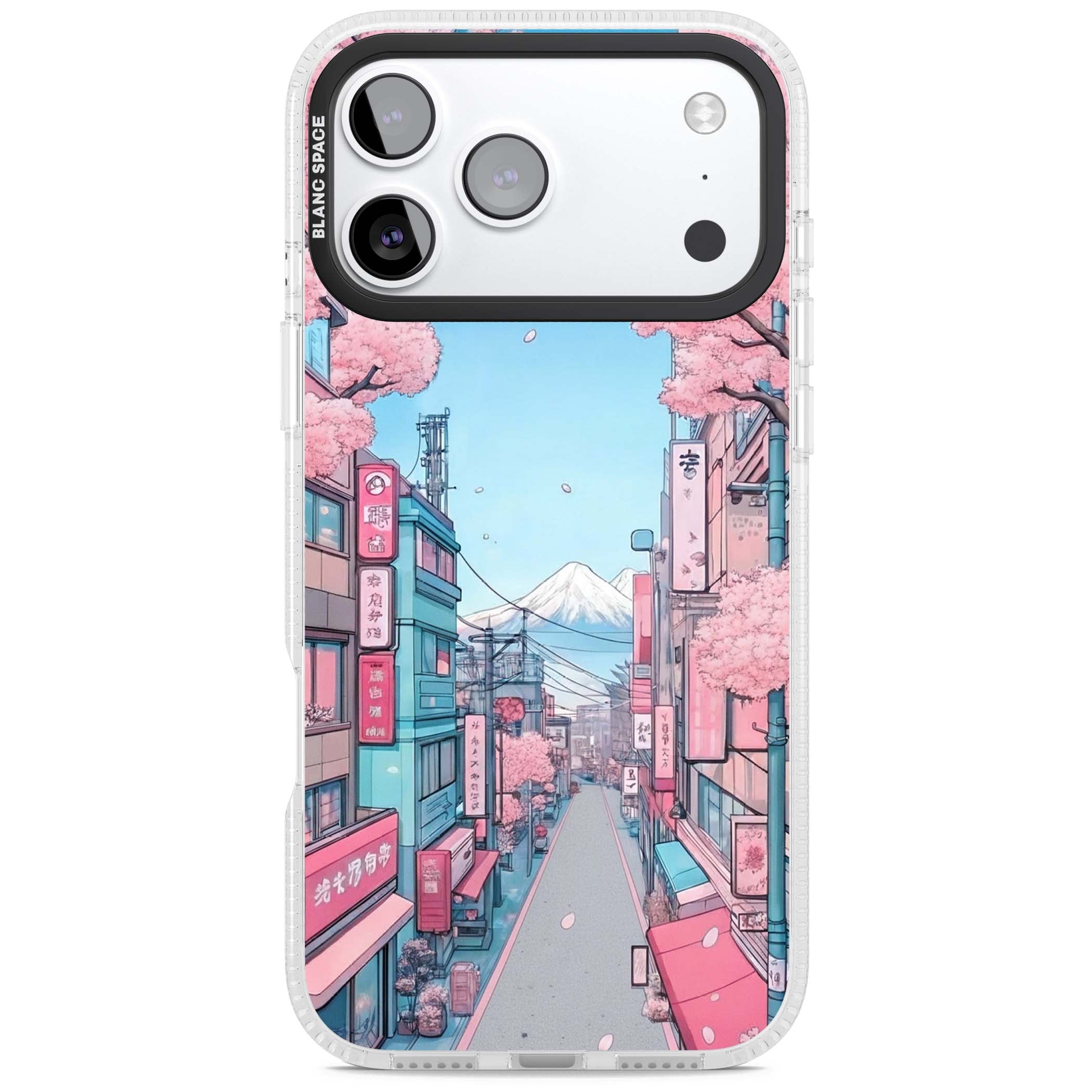 Sakura Lane anime iPhone case featuring Tokyo street scene with cherry blossoms and Mount Fuji | Clear Case Impact Air case for iPhone 17 Pro, iPhone 17 Pro Max