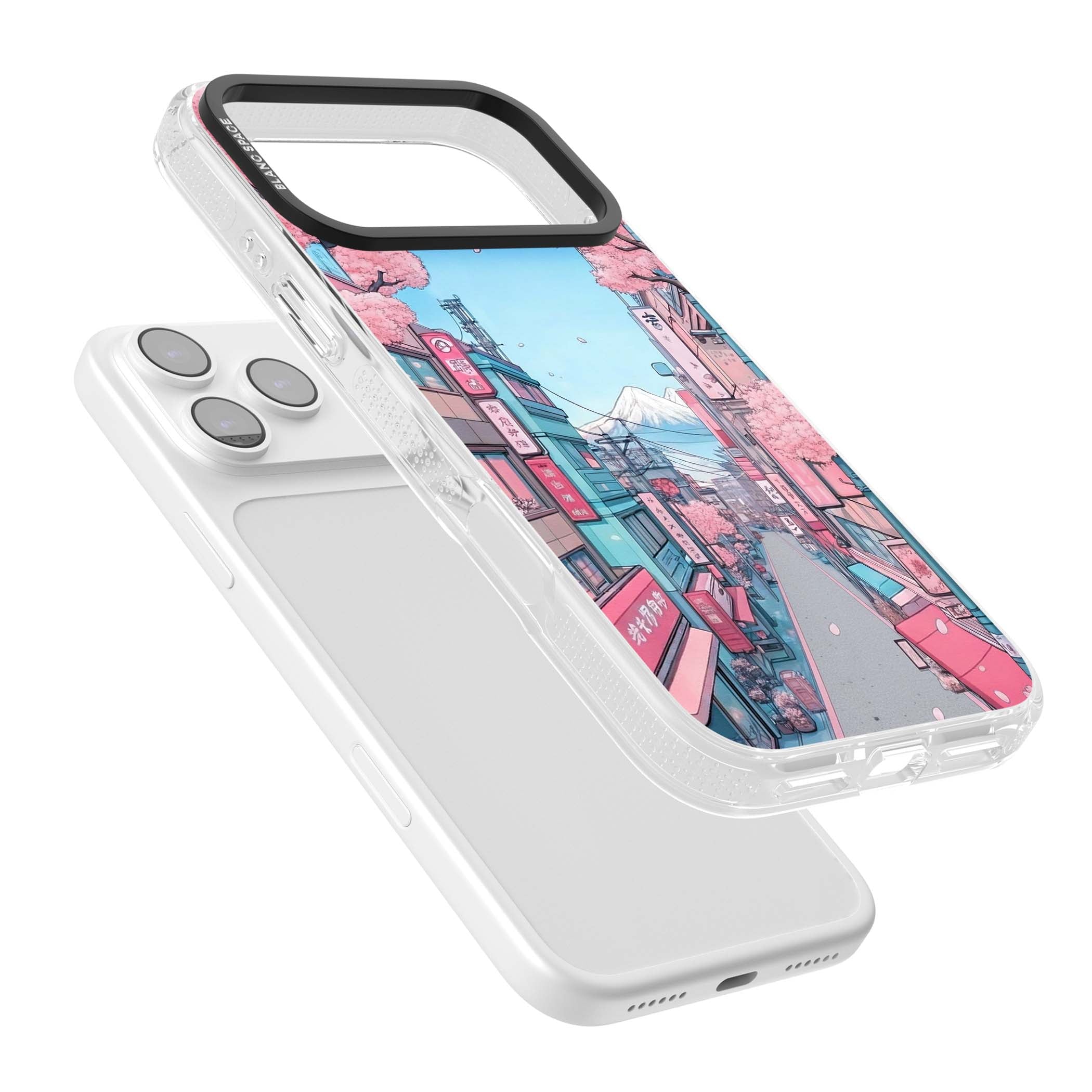 Sakura Lane anime iPhone case featuring Tokyo street scene with cherry blossoms and Mount Fuji | Clear Case Impact Air case for iPhone 17 Pro, iPhone 17 Pro Max