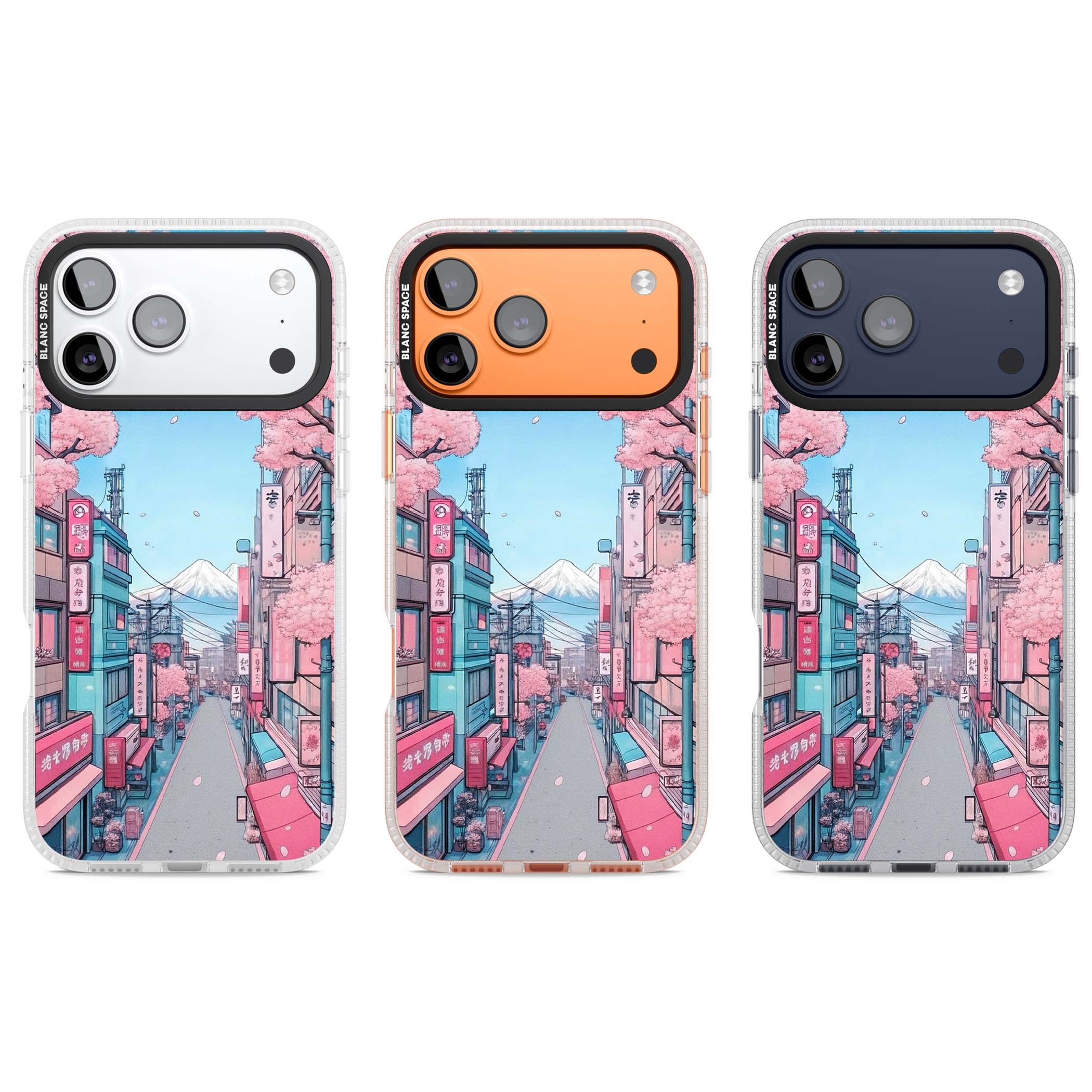 Sakura Lane anime iPhone case featuring Tokyo street scene with cherry blossoms and Mount Fuji | Clear Case Impact Air case for iPhone 17 Pro, iPhone 17 Pro Max