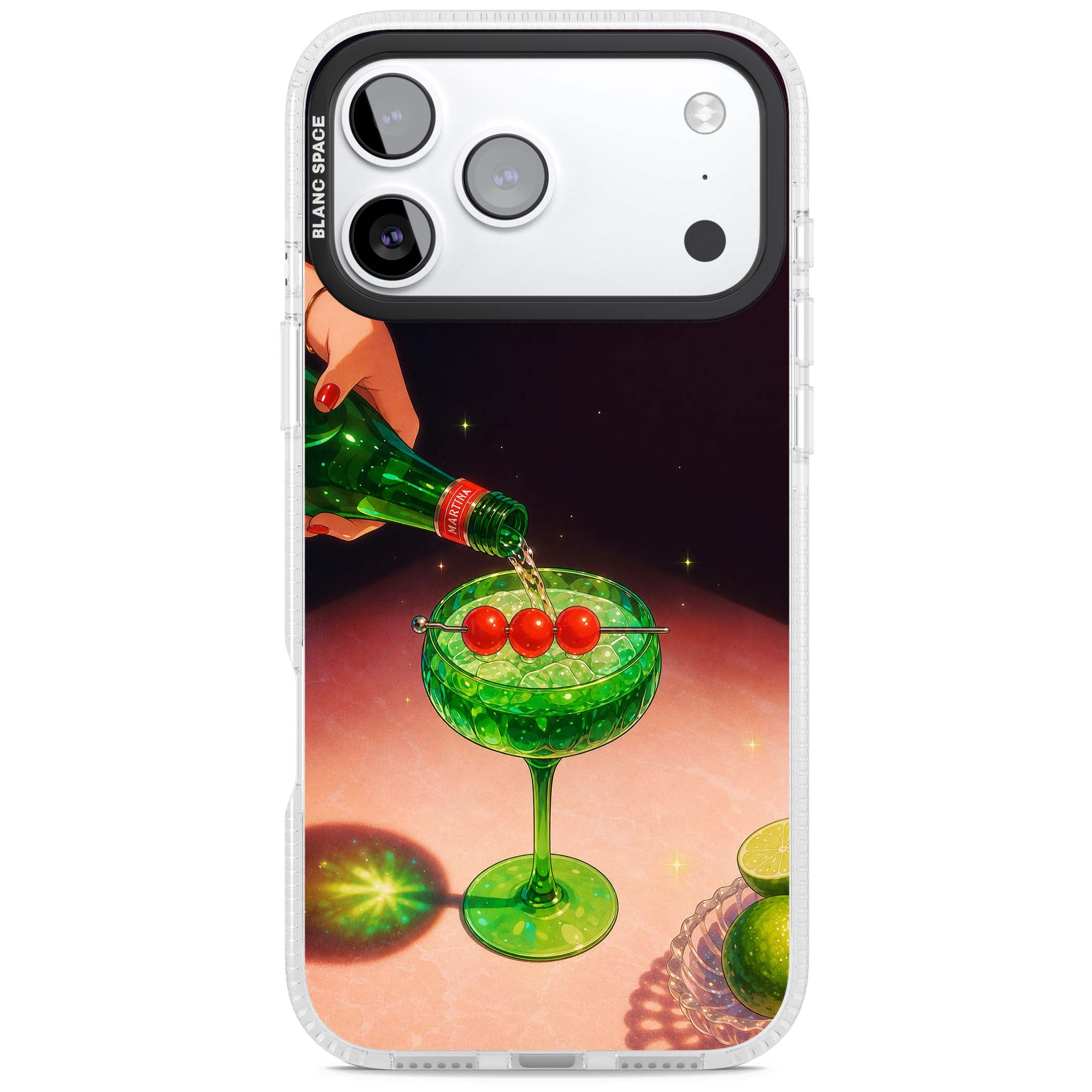 Absinthe Hour cocktail iPhone case featuring a green coupe glass, cherry garnish and vintage bottle pour illustration | Clear Case Impact Air case for iPhone 17 Pro, iPhone 17 Pro Max