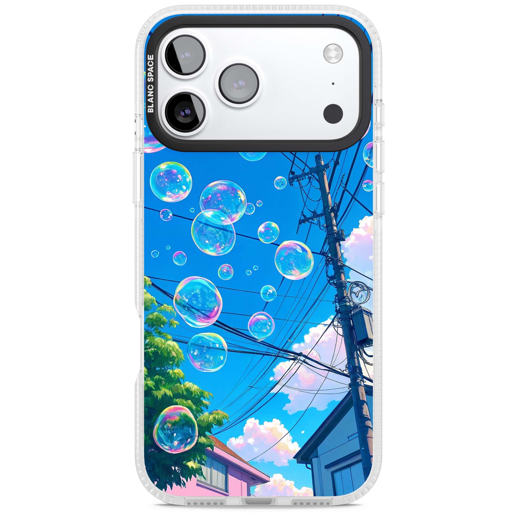 Suburban Bubbles anime iPhone case featuring iridescent soap bubbles, blue sky and Japanese telephone wires | Clear Case Impact Air case for iPhone 17 Pro, iPhone 17 Pro Max