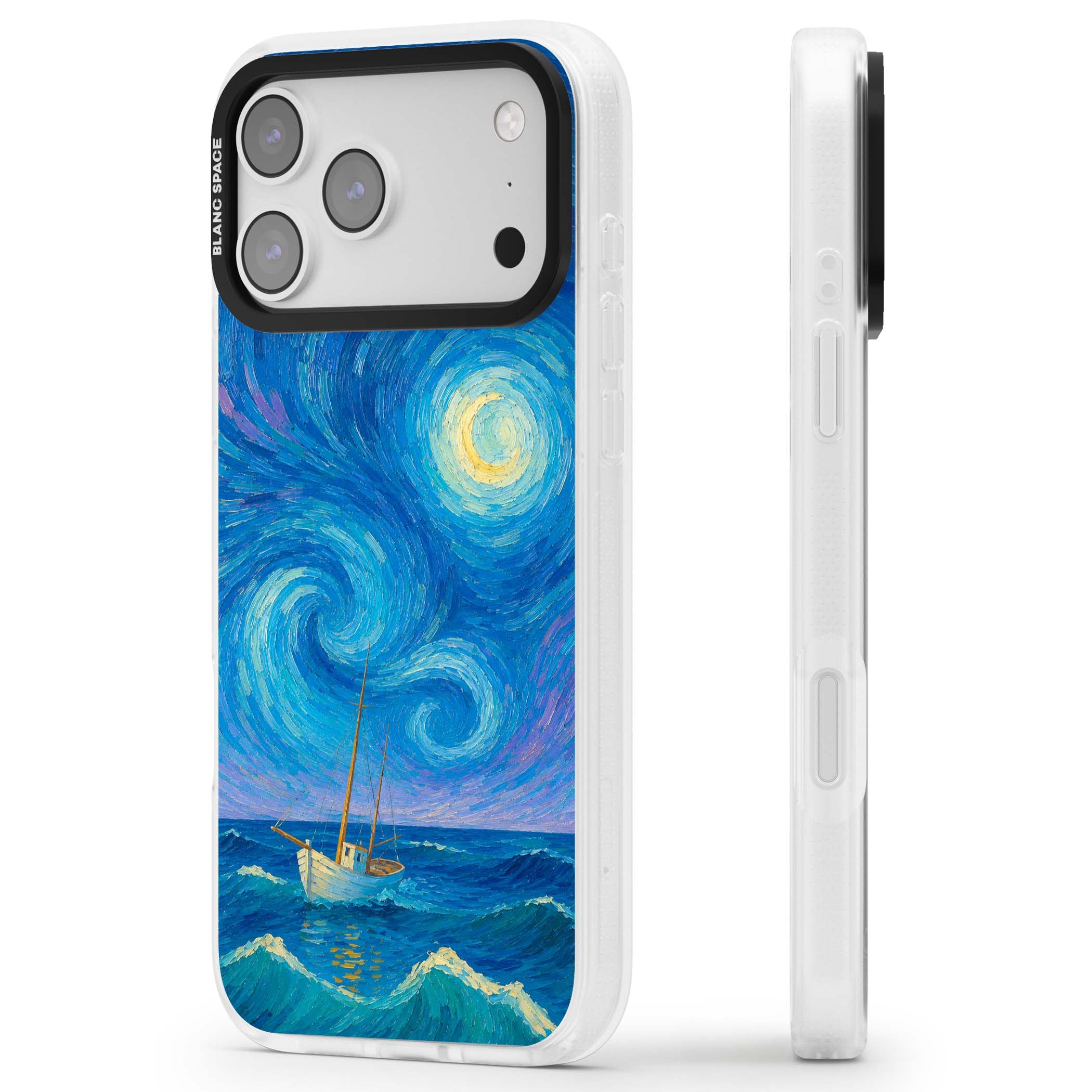 Moonlit Tide Van Gogh art iPhone case featuring swirling starry night sky, glowing moon and lone sailing boat at sea | Clear Case Impact Air case for iPhone 17 Pro, iPhone 17 Pro Max