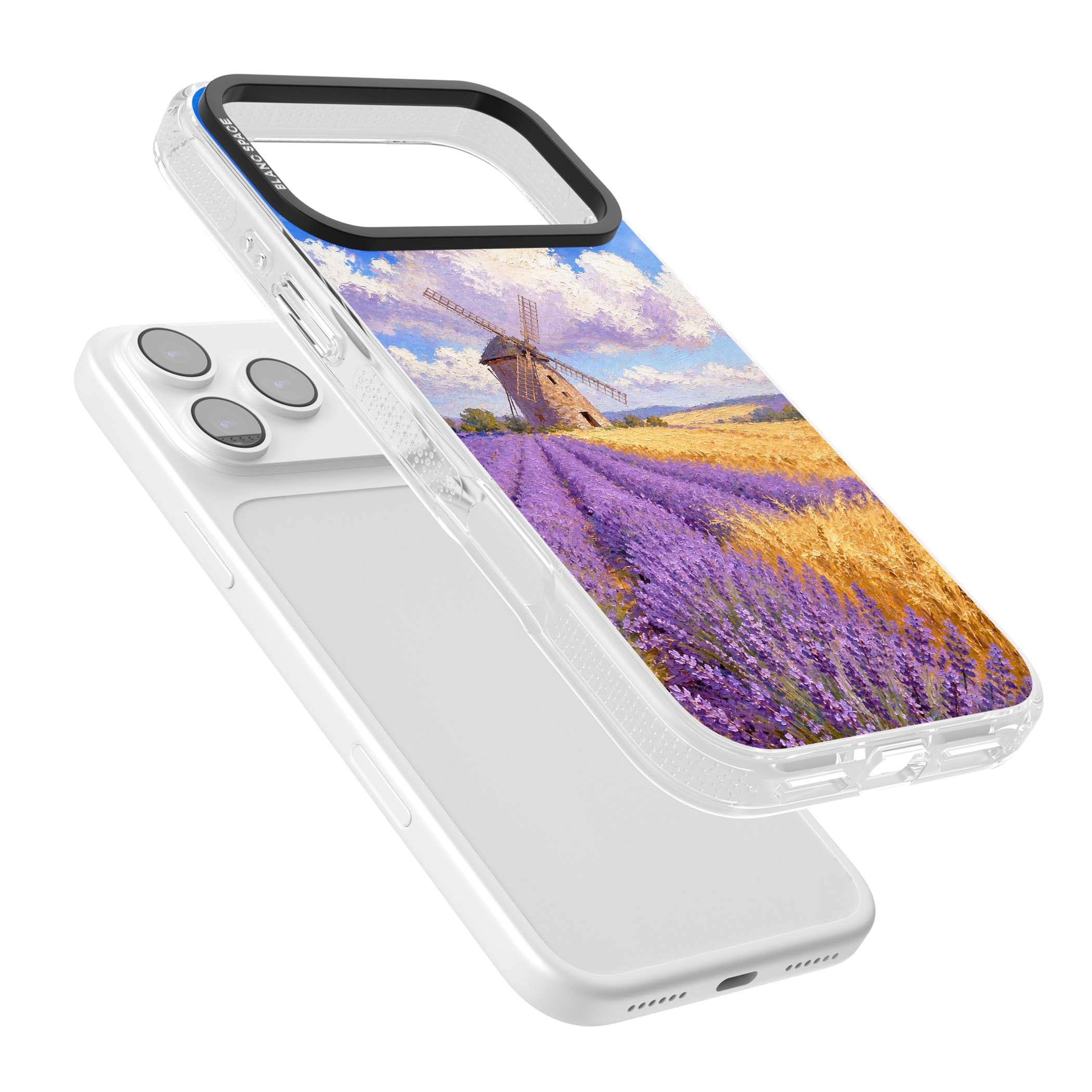 Lavender Mill cottagecore iPhone case featuring a French windmill, lavender field and golden wheat oil painting | Clear Case Impact Air case for iPhone 17 Pro, iPhone 17 Pro Max