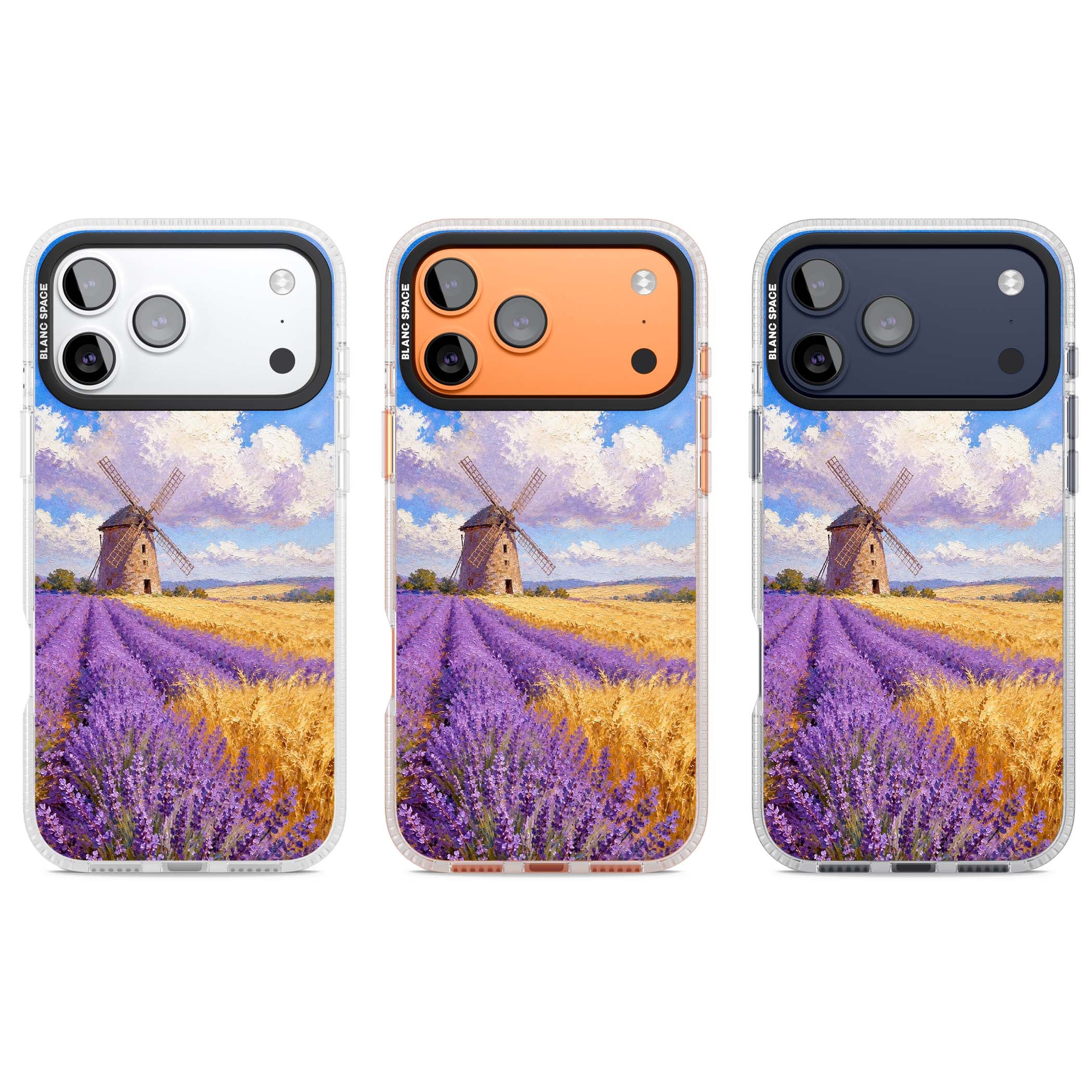 Lavender Mill cottagecore iPhone case featuring a French windmill, lavender field and golden wheat oil painting | Clear Case Impact Air case for iPhone 17 Pro, iPhone 17 Pro Max