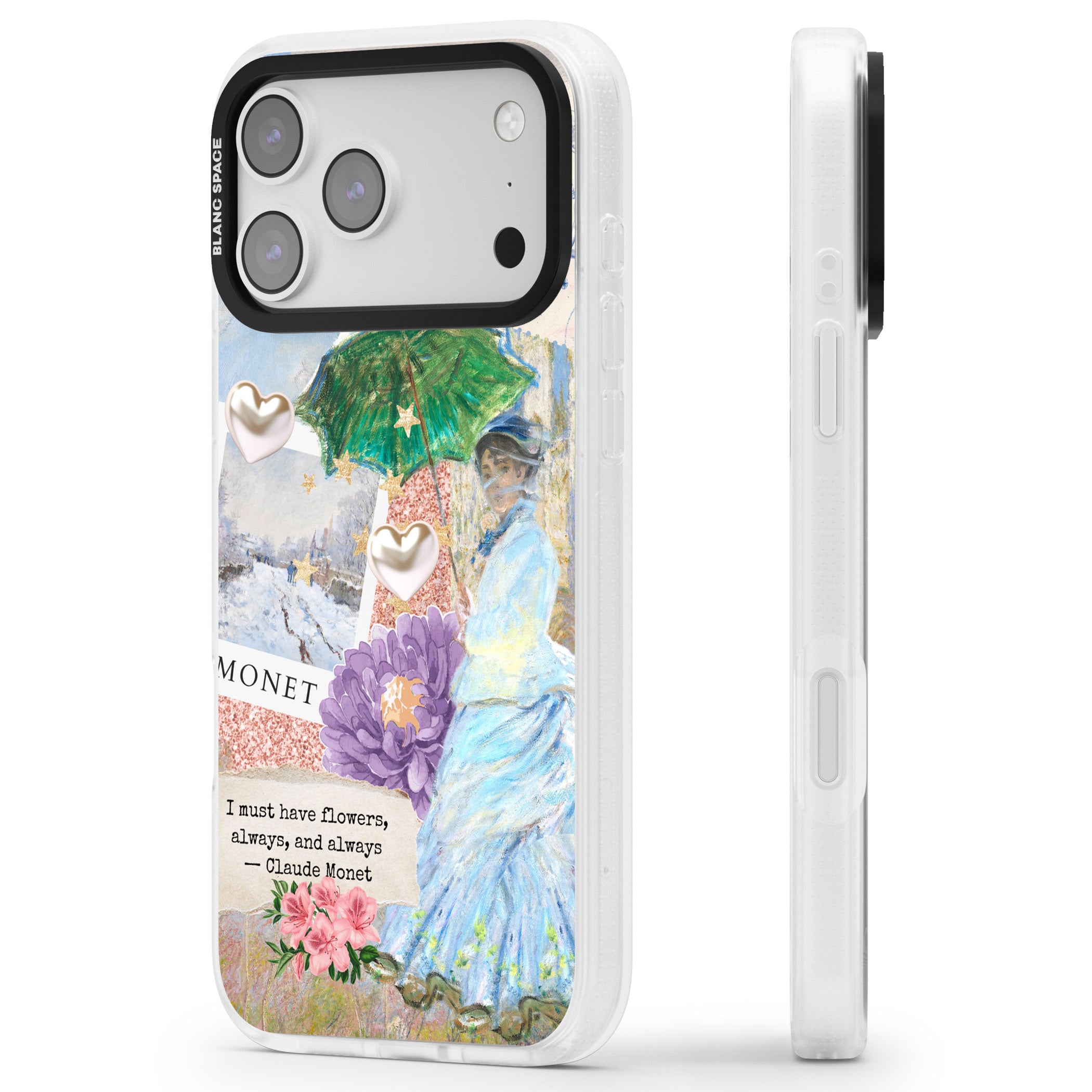 Monet 'Must Have Flowers' Collage iPhone 17 Pro Max Impact Air Clear Phone Case Side Profile