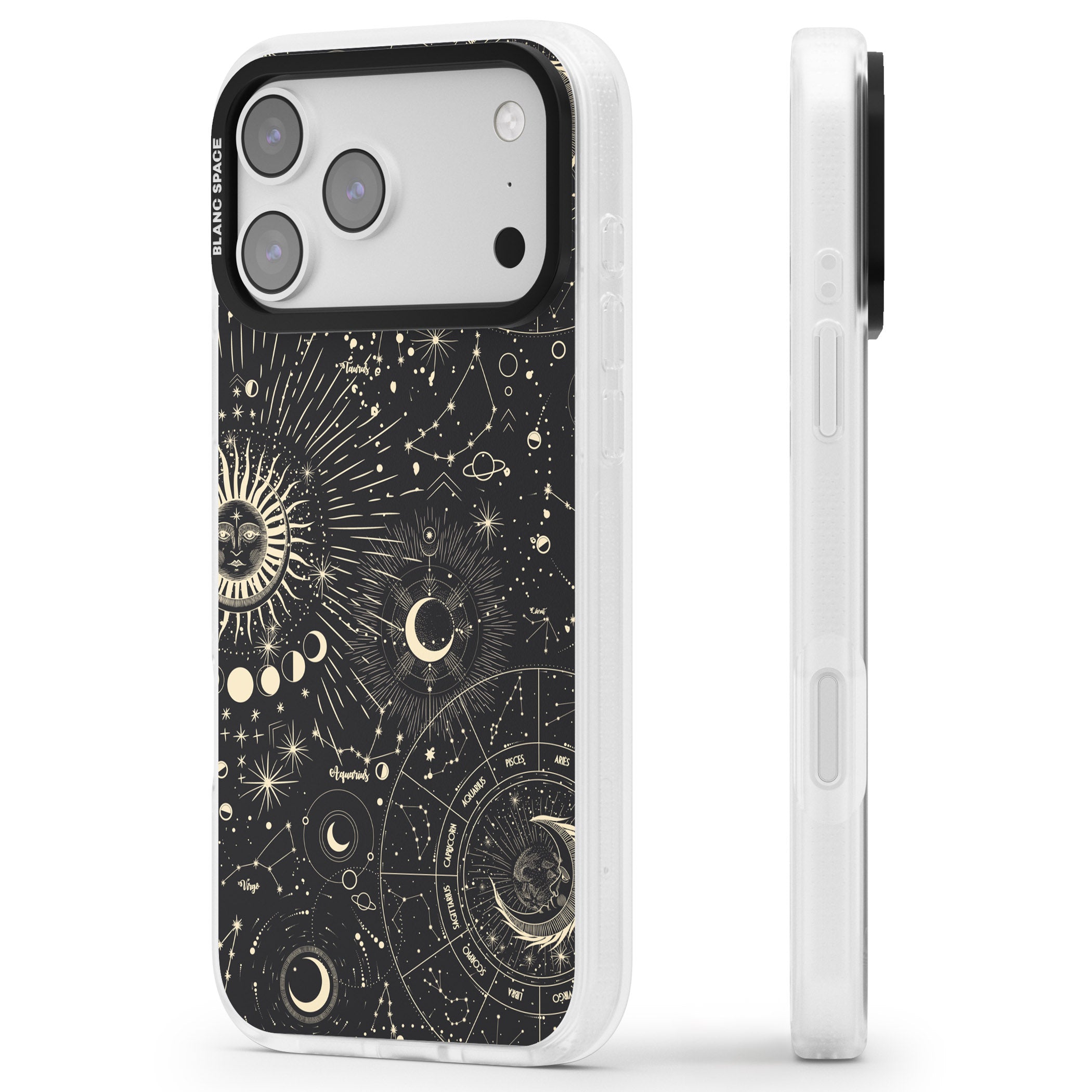 Suns & Zodiac Celestial Chart iPhone 17 Pro Max Impact Air Clear Phone Case Side Profile