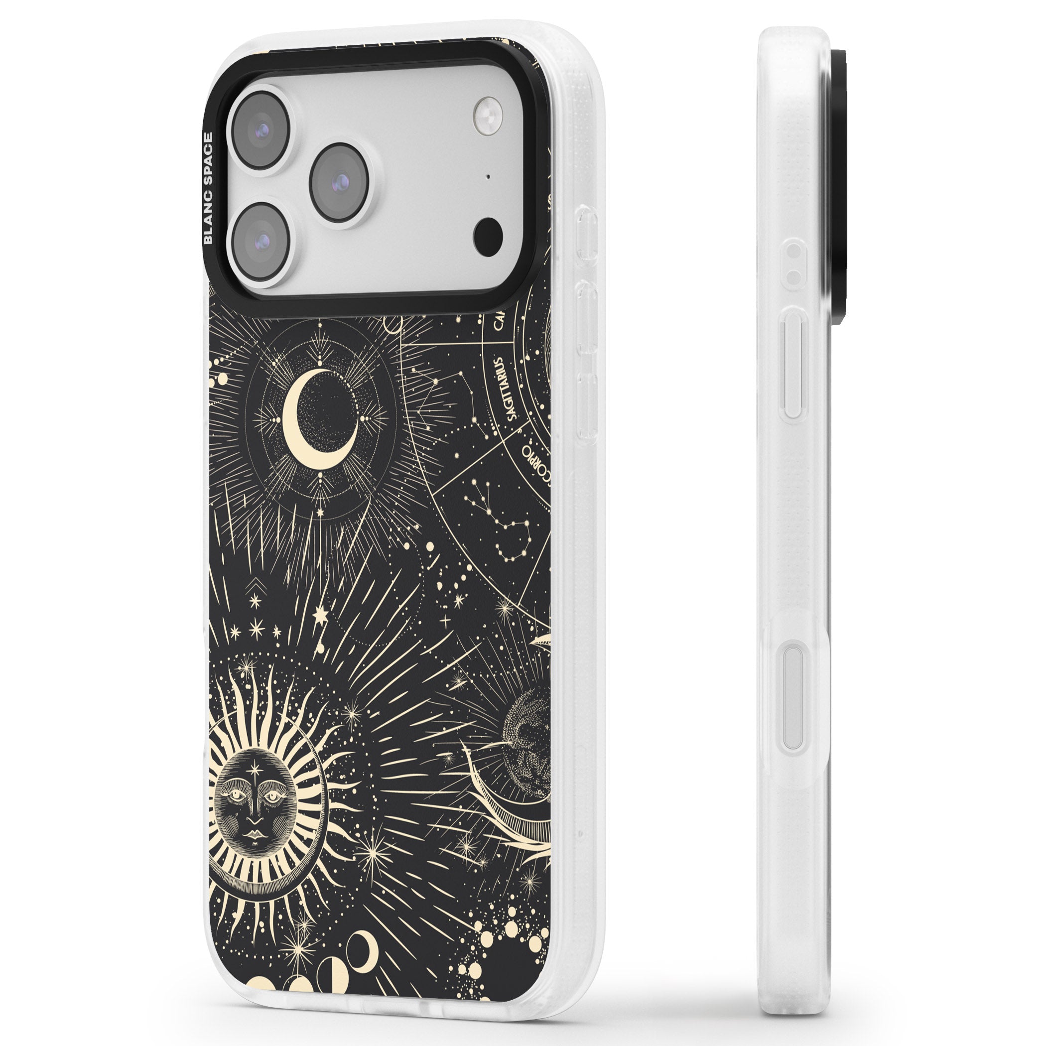 Cosmic Sun & Symbols Zodiac iPhone 17 Pro Max Impact Air Clear Phone Case Side Profile