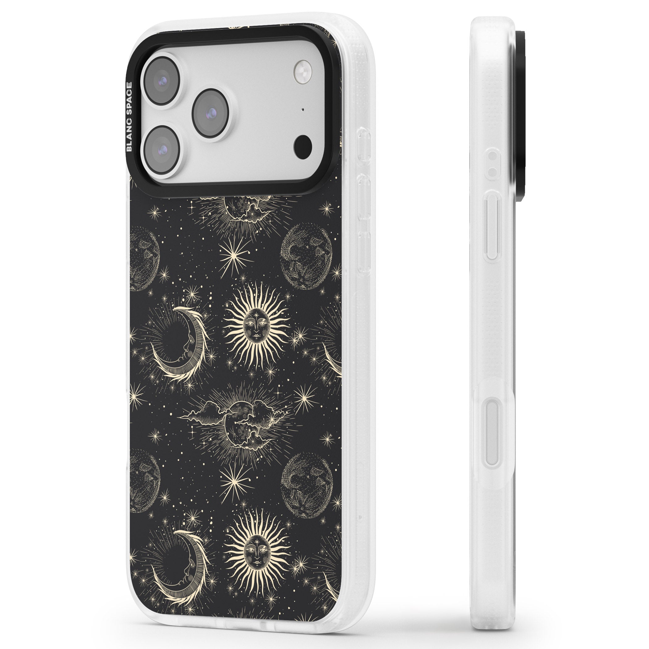 Suns & Moons Celestial Night iPhone 17 Pro Max Impact Air Clear Phone Case Side Profile