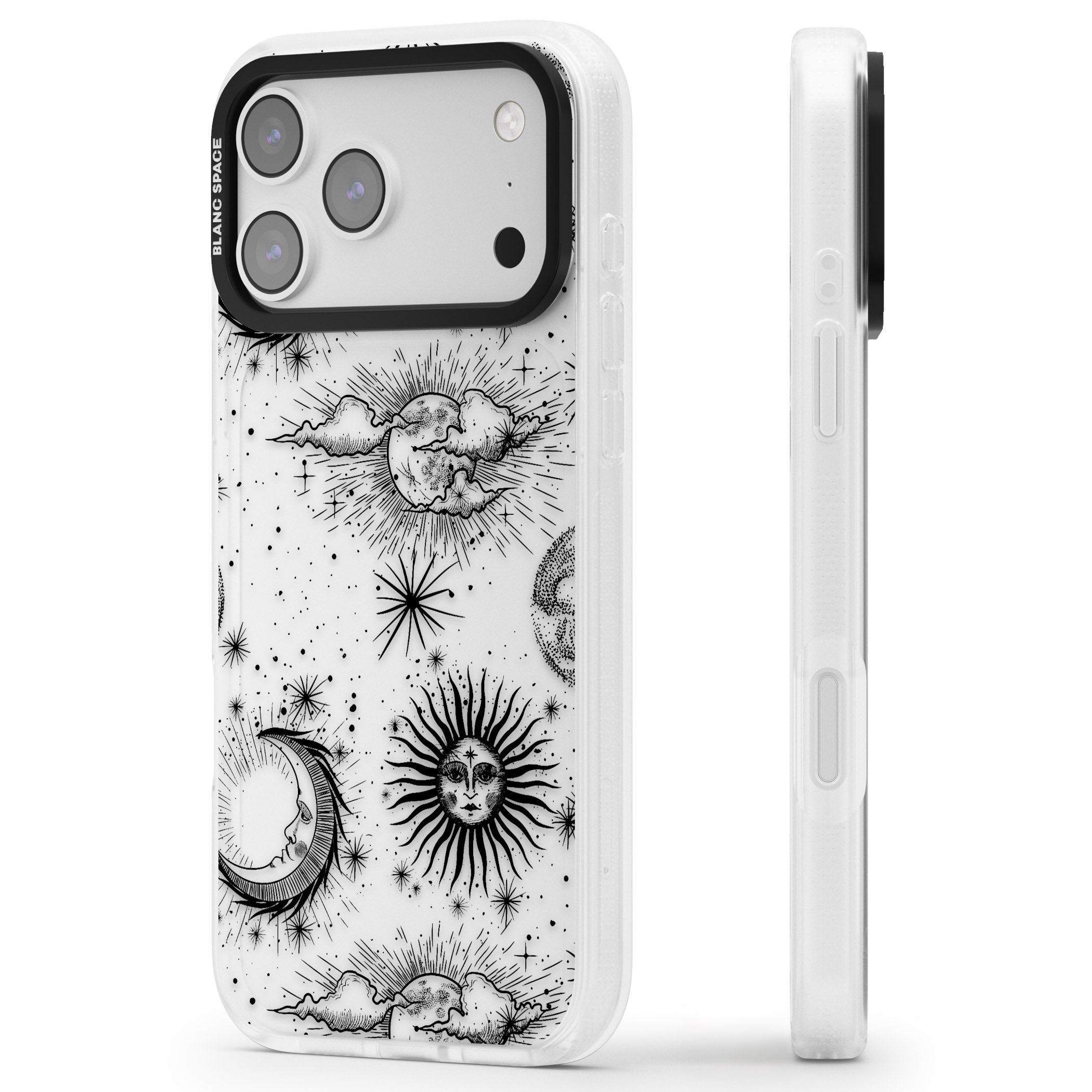 Suns, Moons & Clouds iPhone 17 Pro Max Impact Air Clear Phone Case Side Profile