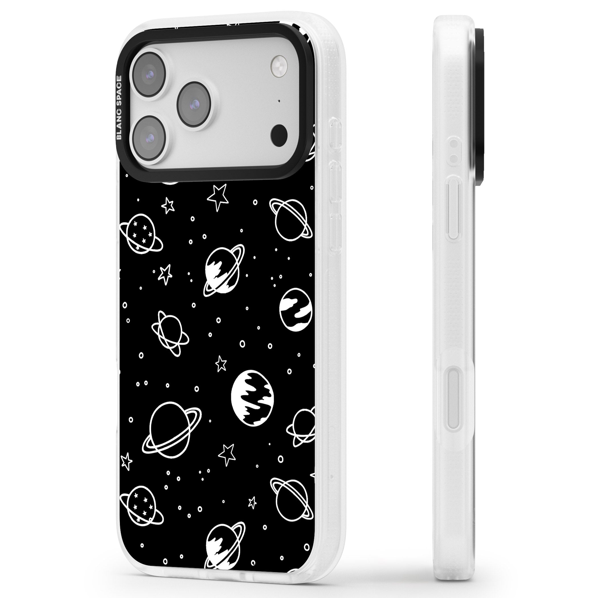 Cosmic Sketch White Black iPhone 17 Pro Max Impact Air Clear Phone Case Side Profile