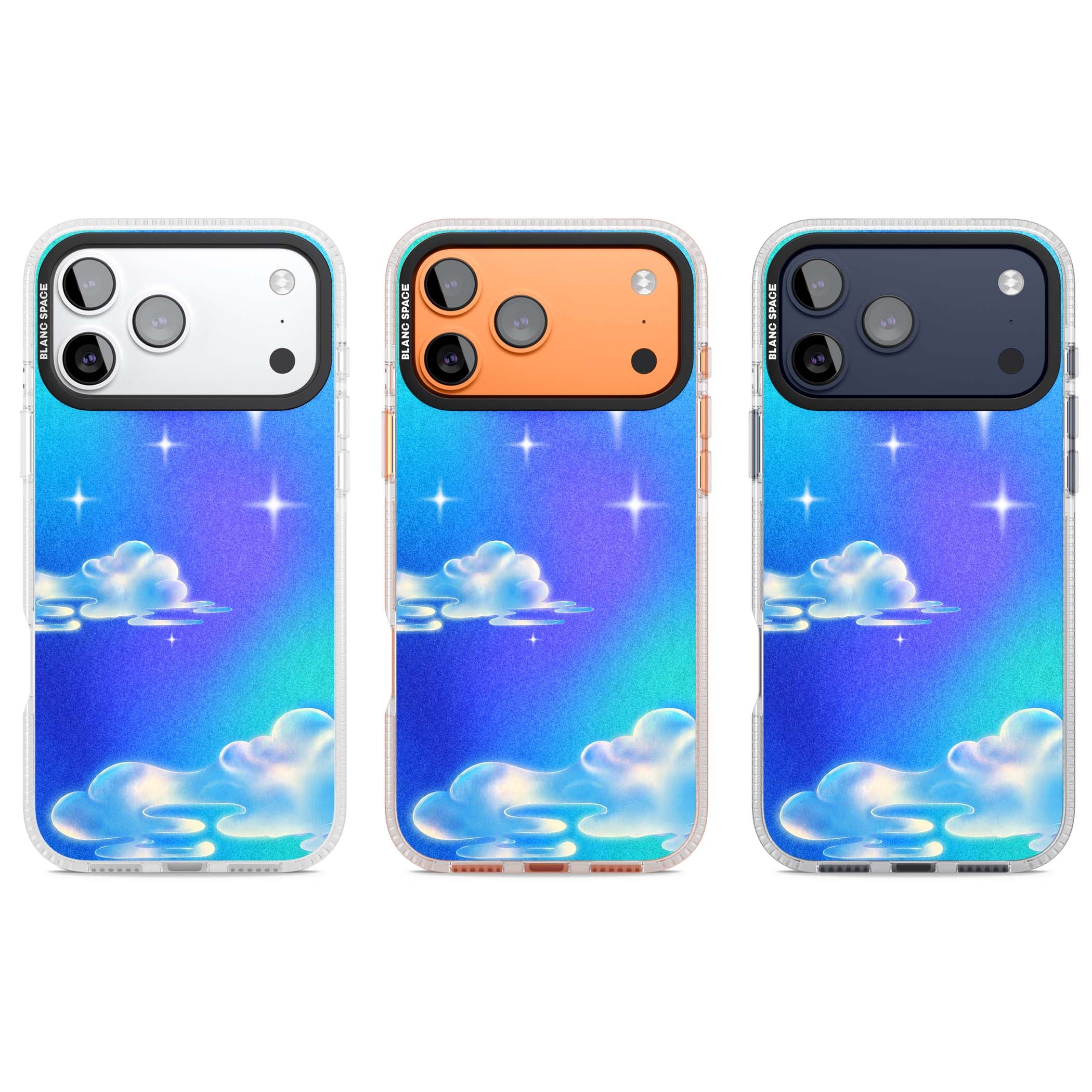 Aurora celestial iPhone case featuring dreamy iridescent clouds, sparkling stars and pastel blue purple sky | Clear Case Impact Air case for iPhone 17 Pro, iPhone 17 Pro Max