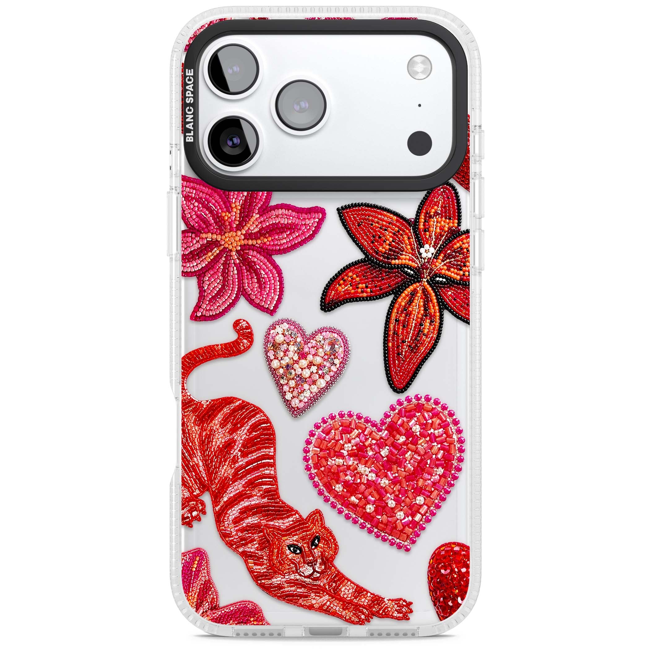 Beaded Boho floral iPhone case featuring beaded red lilies, a stitched tiger, and pearl-encrusted hearts on clear | Clear Case Impact Air case for iPhone 17 Pro, iPhone 17 Pro Max