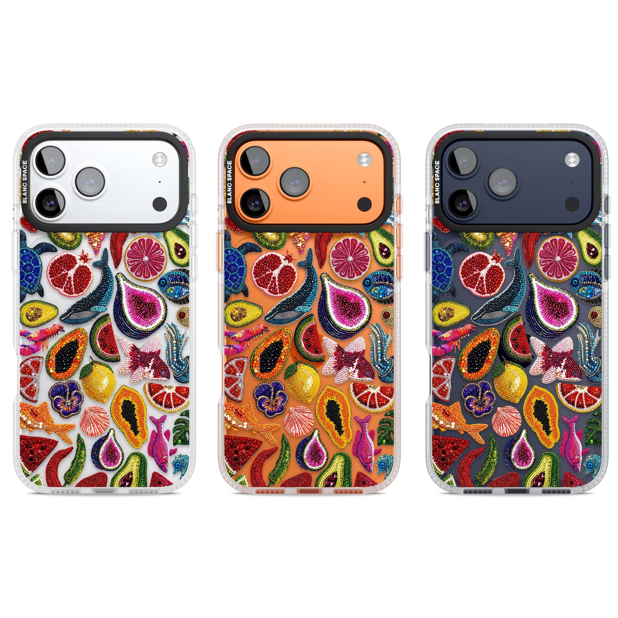 Beaded Tropic tropical iPhone case featuring beaded fruit, fish, crabs and seashells in vibrant colour | Clear Case Impact Air case for iPhone 17 Pro, iPhone 17 Pro Max