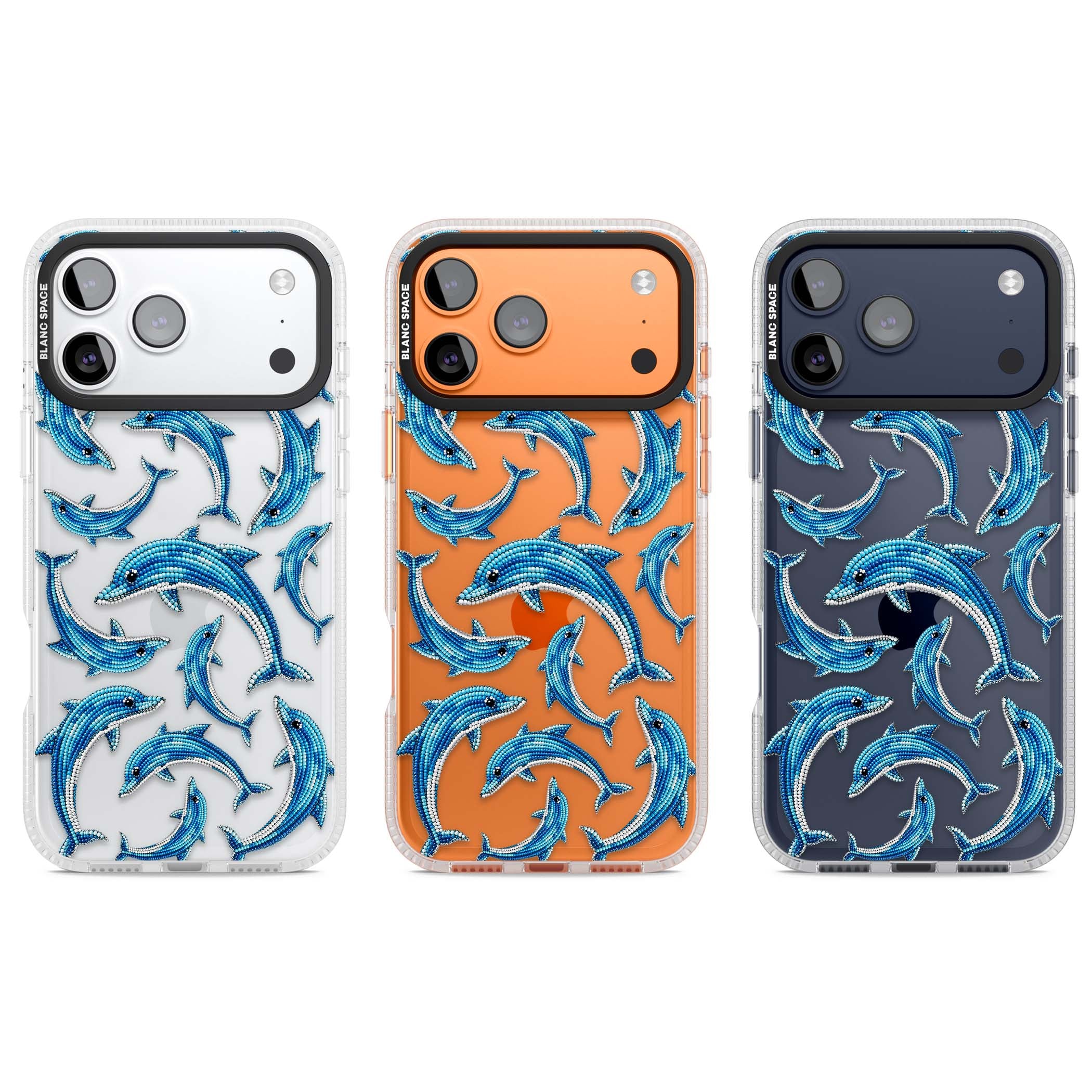 Beaded Dolphins coastal iPhone case featuring beaded dolphins in blue and white swimming across a clear background | Clear Case Impact Air case for iPhone 17 Pro, iPhone 17 Pro Max